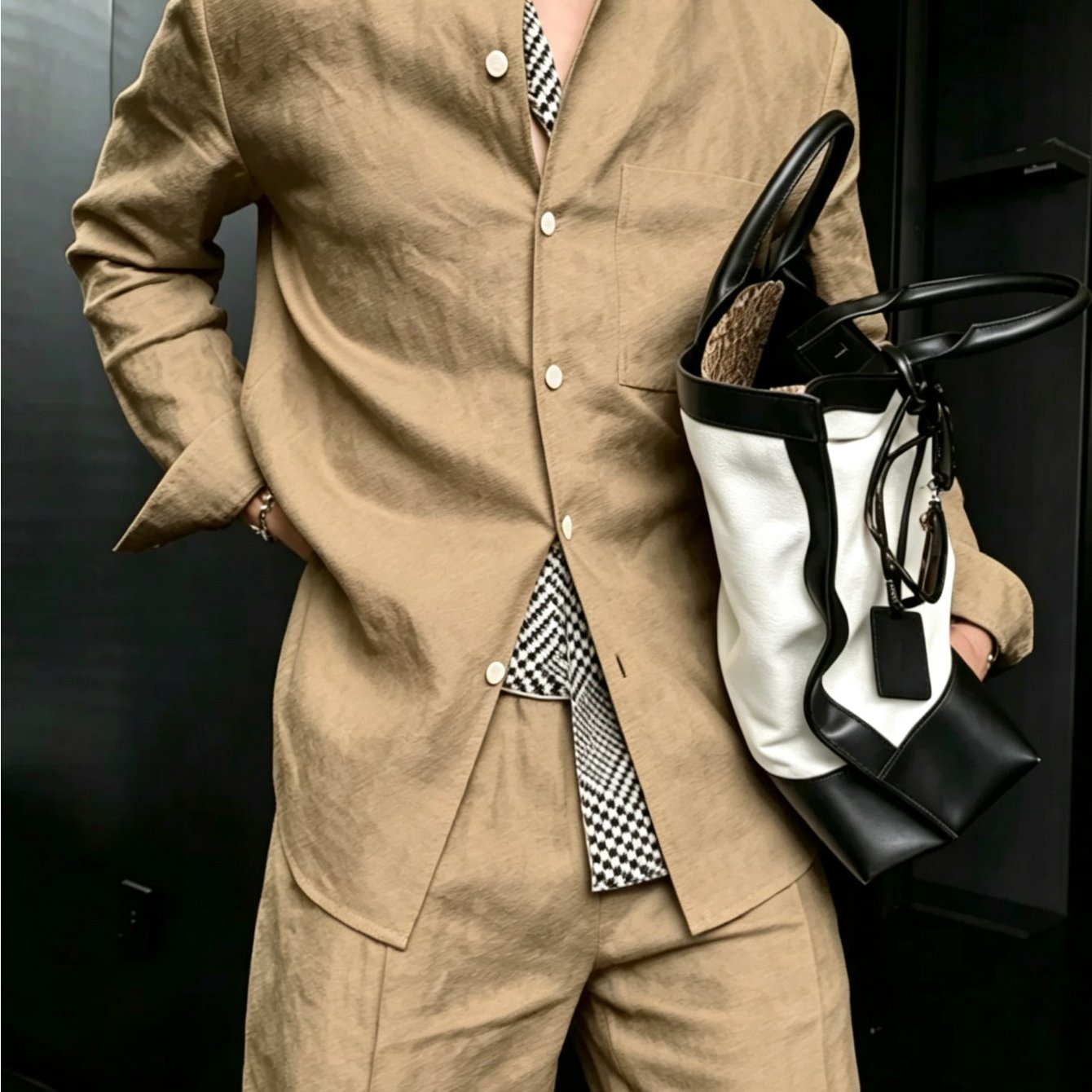 Men'-piece Set: Stand Collar Front Button Long-sleeve Shirt And High-waist Wide-leg Suit Trousers, Business Casual Combo
