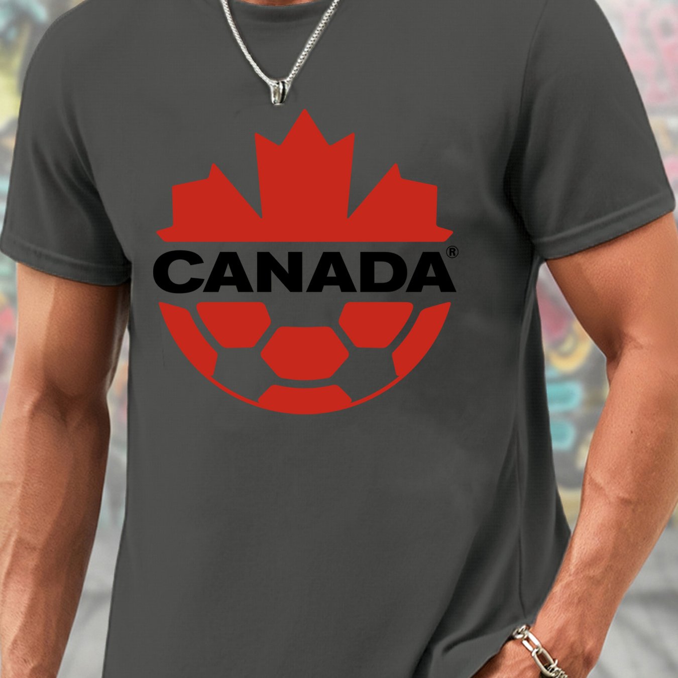 TEMU Canada Soccer Team Official Men's Short Sleeve T-shirt - Black With Leaf & Soccer Ball Graphic, Breathable Summer Casual Tee, Regular Fit,