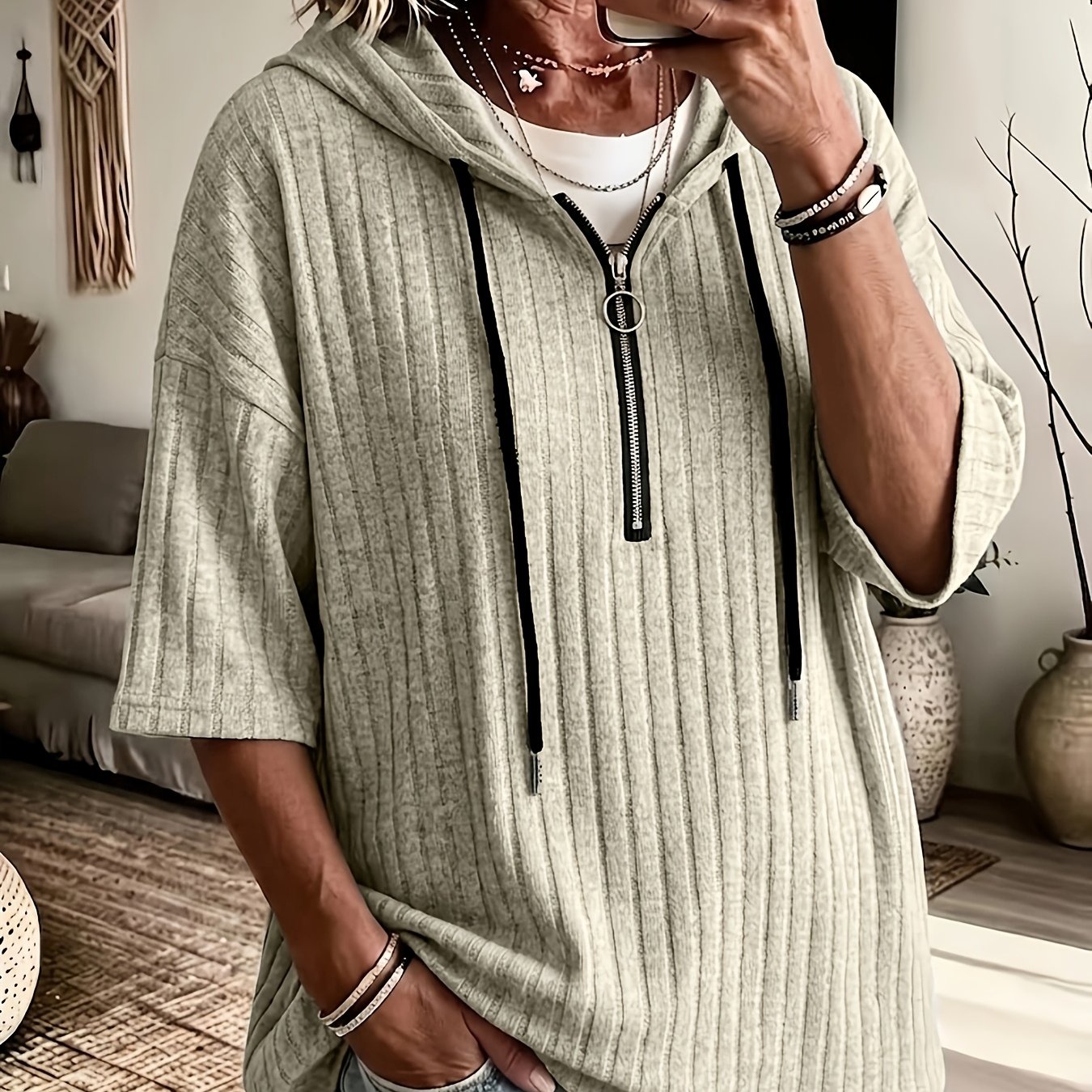 TEMU Fashionable Hooded Sweatshirt Autumn New Women's Short Sleeve Hoodie, Elegant Ribbed Material, Hooded Sweatshirt Suitable For Daily Office Wear,