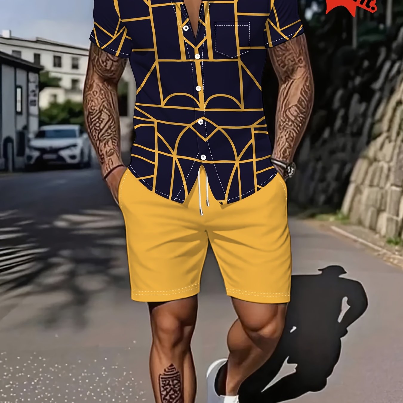 TEMU Men's Plus-size Shirt Set Featuring A Sporty Design With Yellow Striped Patterns, Plus Size