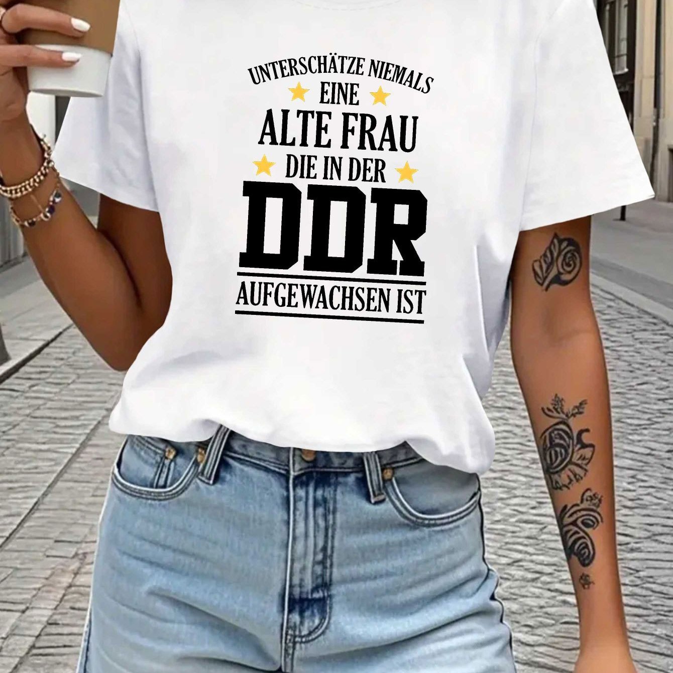 Image of Women's T-shirt Plus Size German Never A Ddr Grown Woman Letter Print Short Sleeve Crew Neck Casual Top For Summer And Spring, Women's Clothing