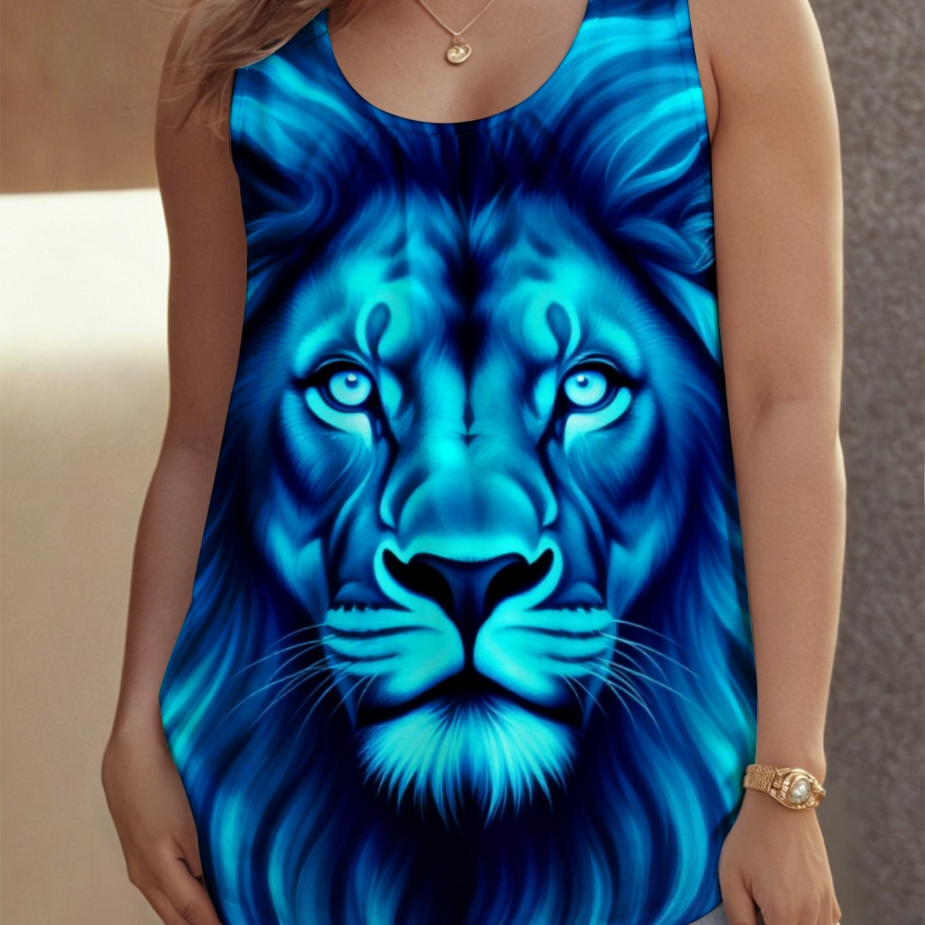 TEMU Plus Size, Women's Plus Size Sleeveless Crew Neck Tank Top - Lion Face Print Breathable Style Suitable For Home, Beach & Travel, Non- Plus Size