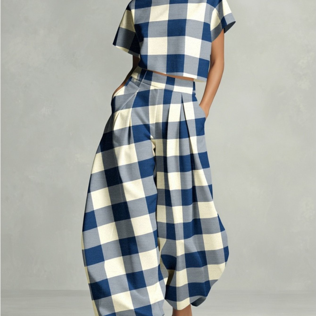 Image of 2pcs Plaid Cropped Top And Wide-leg Pants Set For Women | Retro Fresh Commuting Style, Suitable For Workplace Casual, Light Social Gatherings, And Everyday Streetwear
