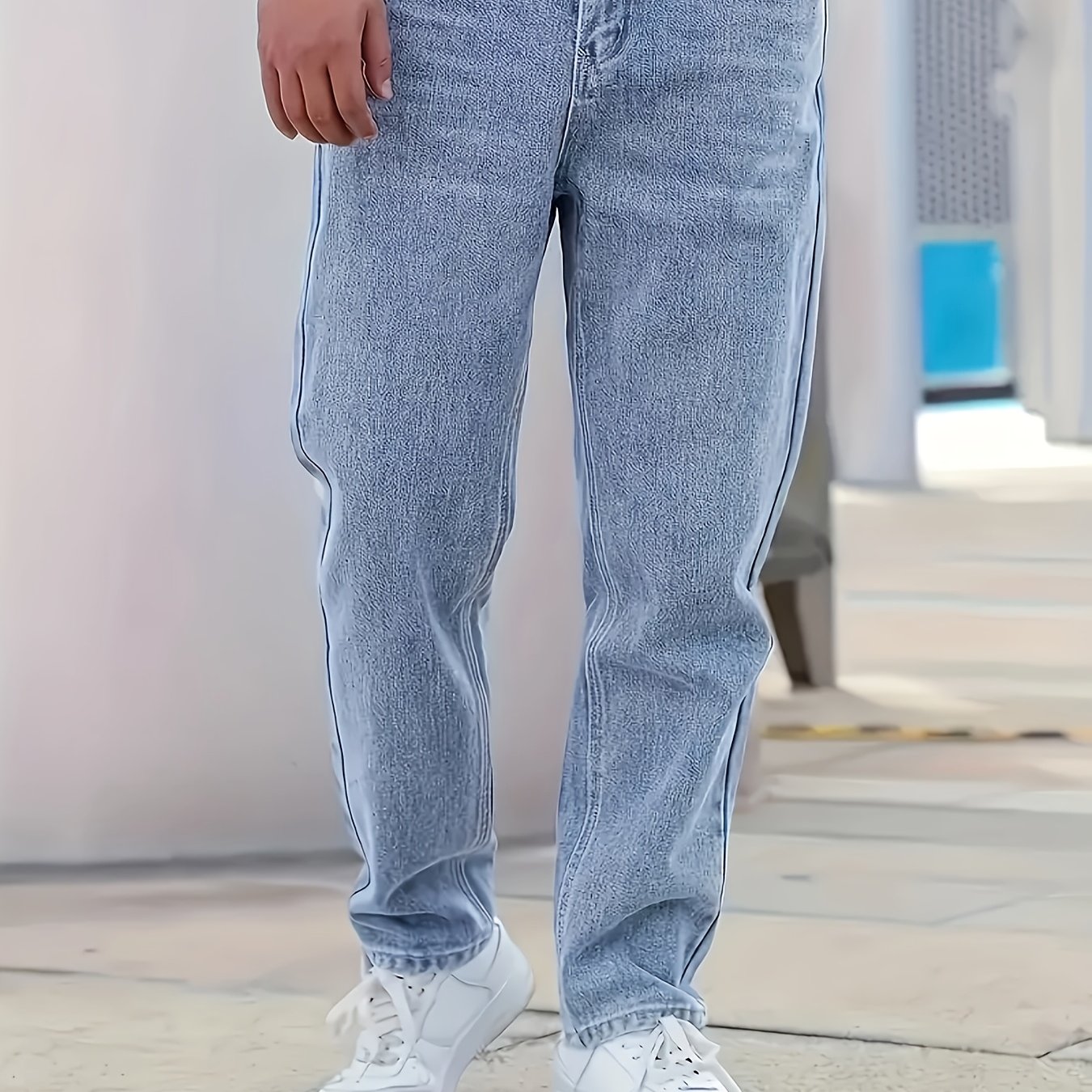 TEMU Men' Blue Straight Leg Jeans - Lightweight Cotton Blend, Non-stretch Denim, Smooth Fabric, Style, , Casual Attire, Casual Everyday Jeans | Straight Leg Denim | Cotton Blend Jeans