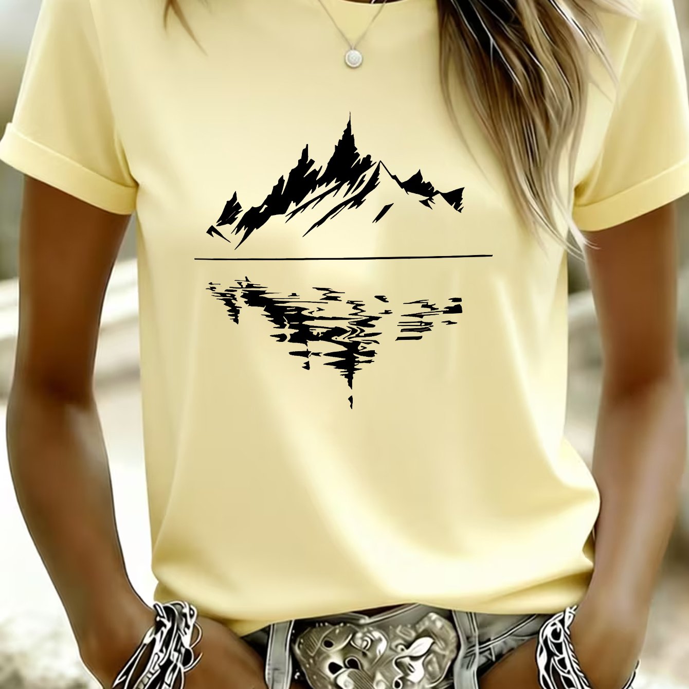TEMU 1pc Reflection Black And White Print New Minimalist Round Neck Printed Women's T-shirt Summer Comfortable Breathable Short Sleeve Casual Leisure