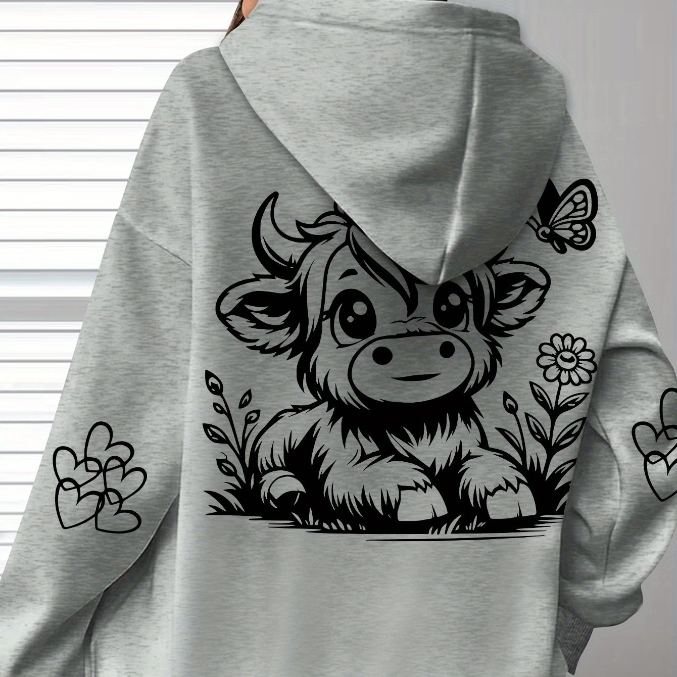 Image of Women's Cow Print Hooded Sweatshirt - Thick Winter With Cow, Flower & Patterns, Cozy Pullover Hoodie For Fall & Winter Outfits, Suitable For Lovers