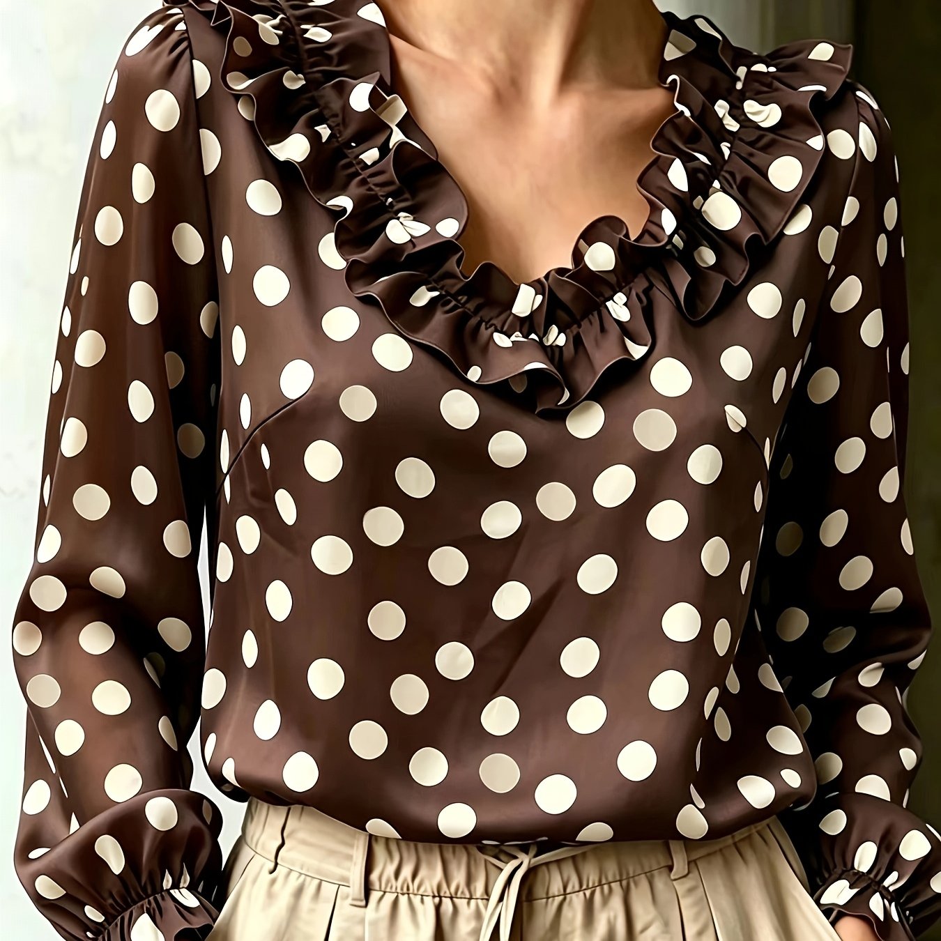 TEMU Plus Size, Plus Size Women's Vintage Polka Dot Ruffle V-neck Puff Sleeve Long Sleeve Shirt, Autumn Plus Size Women's Stretchy Elastic Cuff Top,