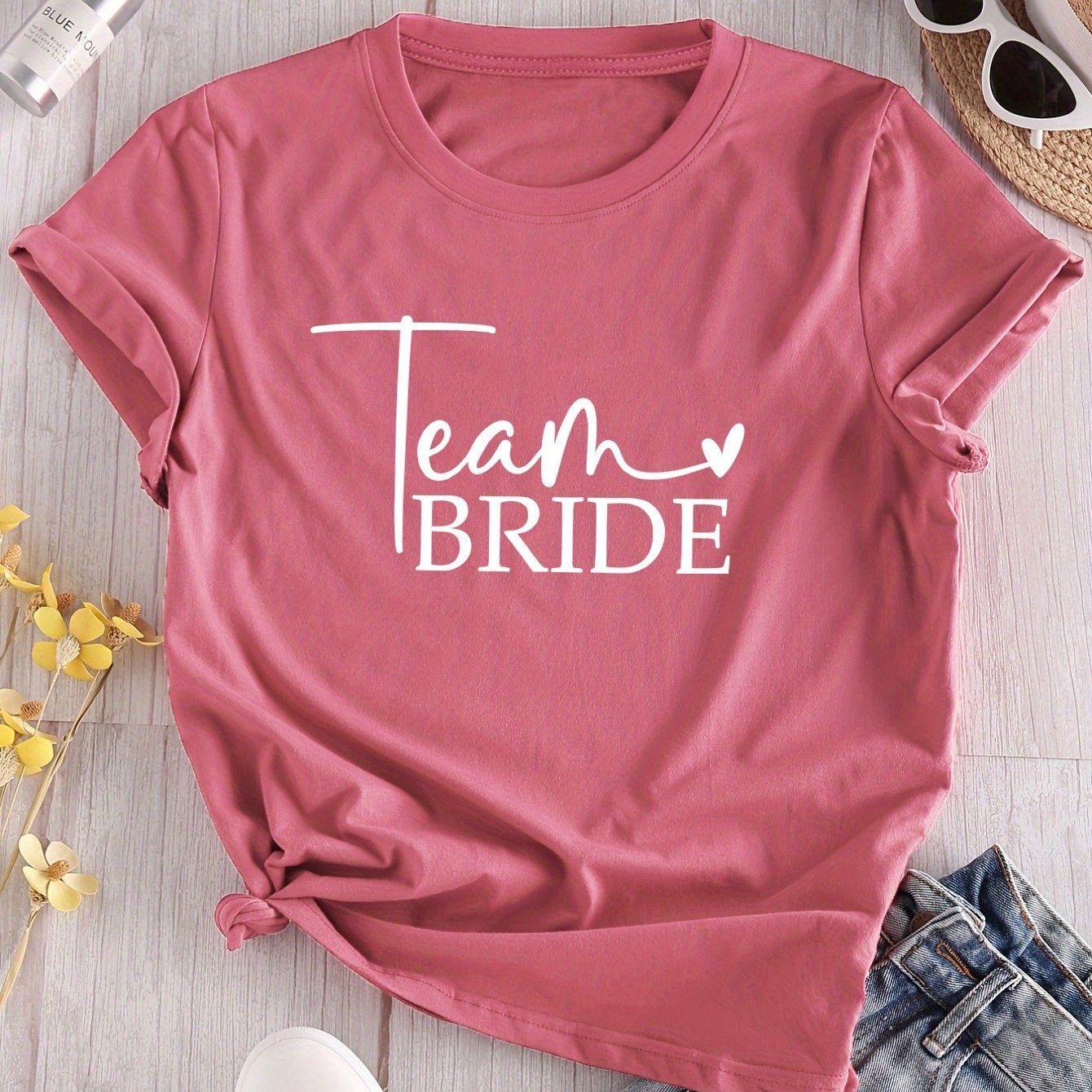 TEMU Bride And Bridesmaid Letter Print T-shirt - Casual Round Neck, Short Sleeves, Machine Washable, Regular Length, Women's Top
