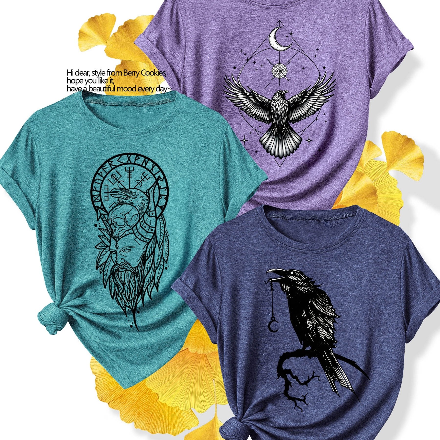 TEMU 3 For The Of 2 Women's Soft Round-neck Short-sleeve T-shirts - Casual & Crow Symbol Print Blouses, S-xxl (machine Washable, - Versatile Wear)