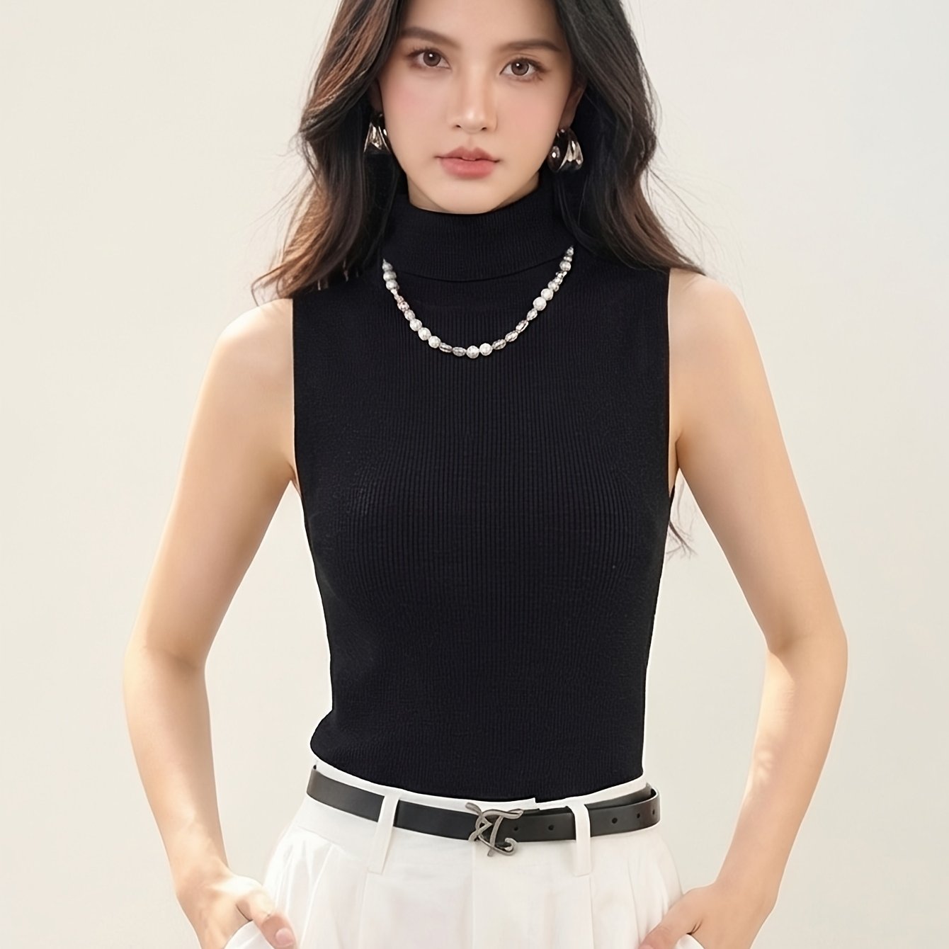 TEMU 여성용 새로운 여름 하프 터틀넥 슬림핏 민소매 크롭 탱크탑