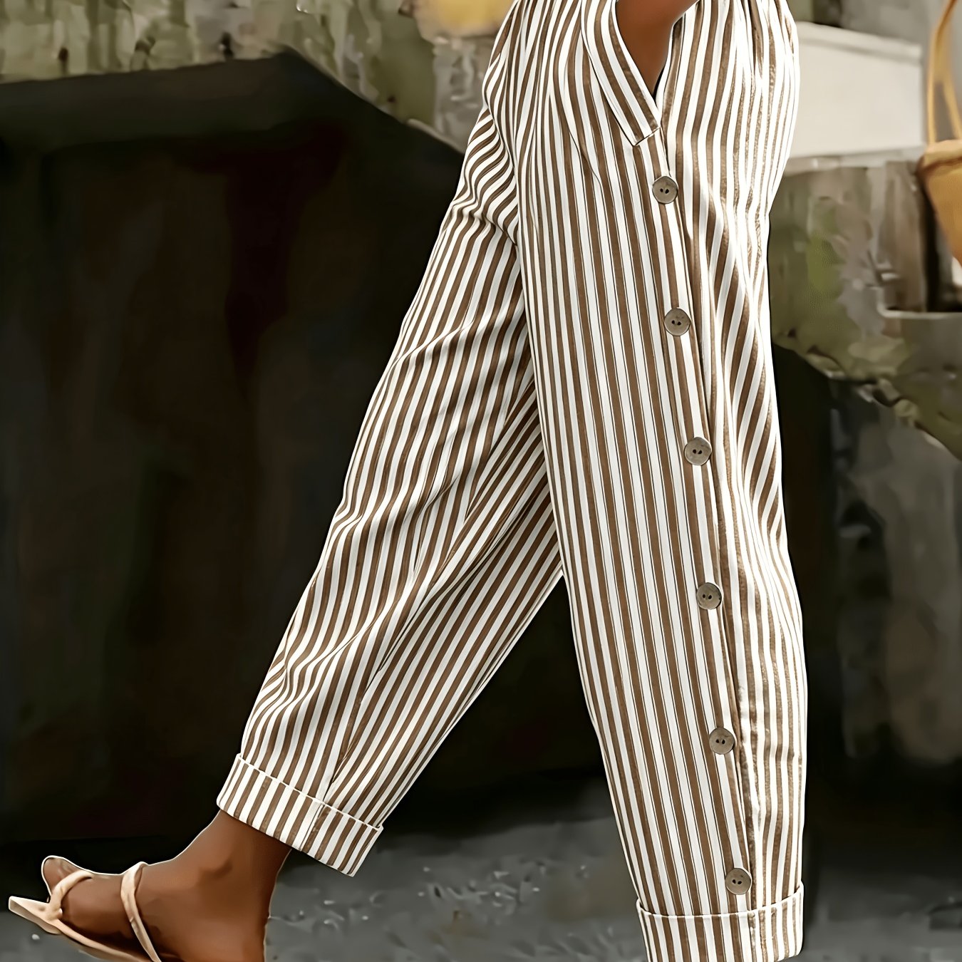 TEMU Women's Fashionable Casual Color- Striped Multi-button Versatile Ankle Pants-a90