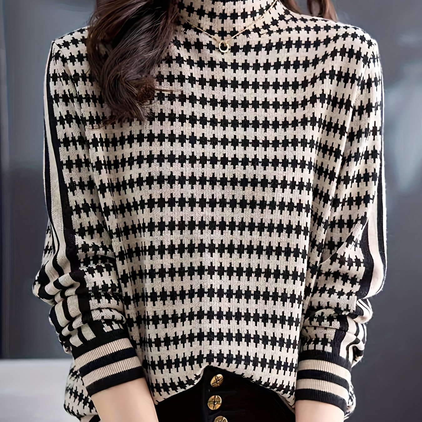 TEMU Color Block Striped Long Sleeve Sweater, Casual Mock Neck Sweater For Winter & Fall, Women's Clothing
