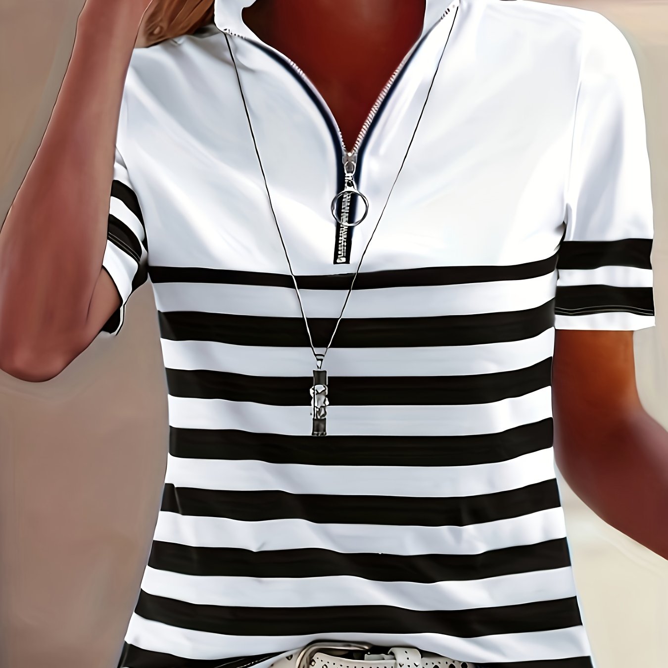 Image of European And American Spring/summer New Women's Round Neck Striped T-shirt