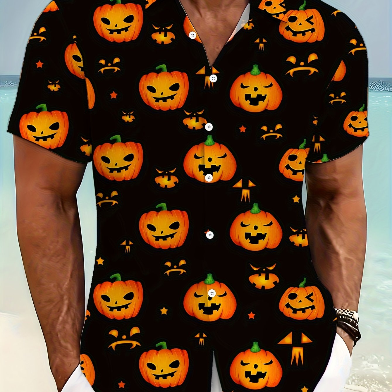 TEMU Men's Halloween Shirt With Pumpkin Pattern Buttons, Black Background, Formal Casual Halloween Party Outfit, Autumn Apparel, Halloween Costume,