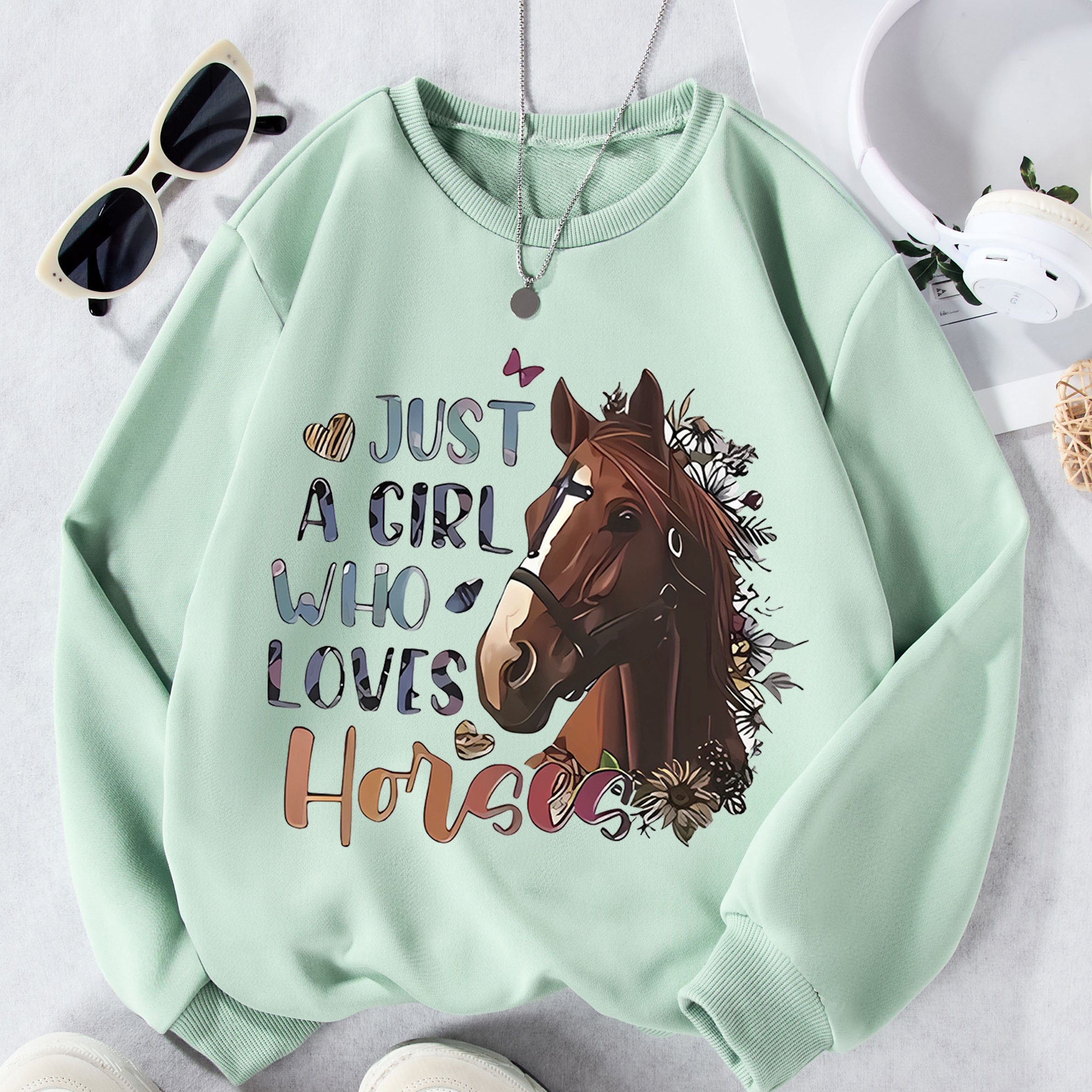 Image of A Girl Who Horses, Casual Fashion Long-sleeve Sweatshirt With A Round Neck For Girls