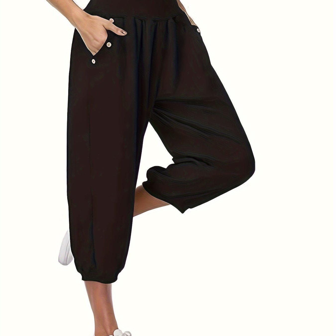 Women's Button Pocket Harem Pants, Stretch Waist Harem Capri Pants