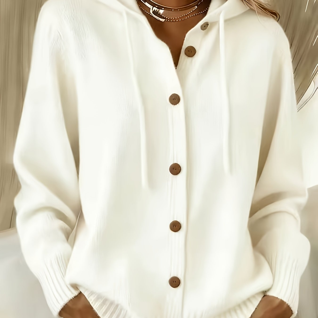 TEMU New Women's Elegant Cardigan For Autumn Winter, Drawstring Hooded Design, Open Front Button-up Cardigan, Elegant Comfortable -friendly, Women's