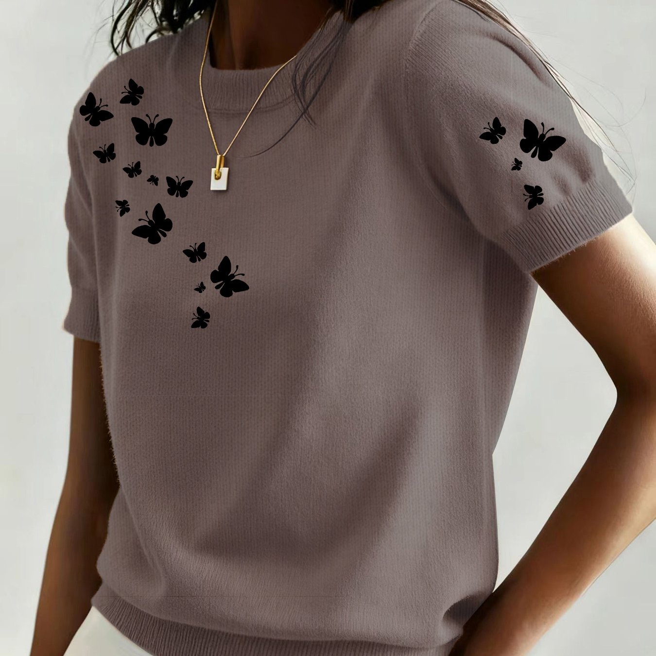 TEMU Women's Fashionable Round-neck Short-sleeve Sweater Featuring 2d Embroidery And Rhinestone Appliqué Prints, Suitable For Spring, Summer, And