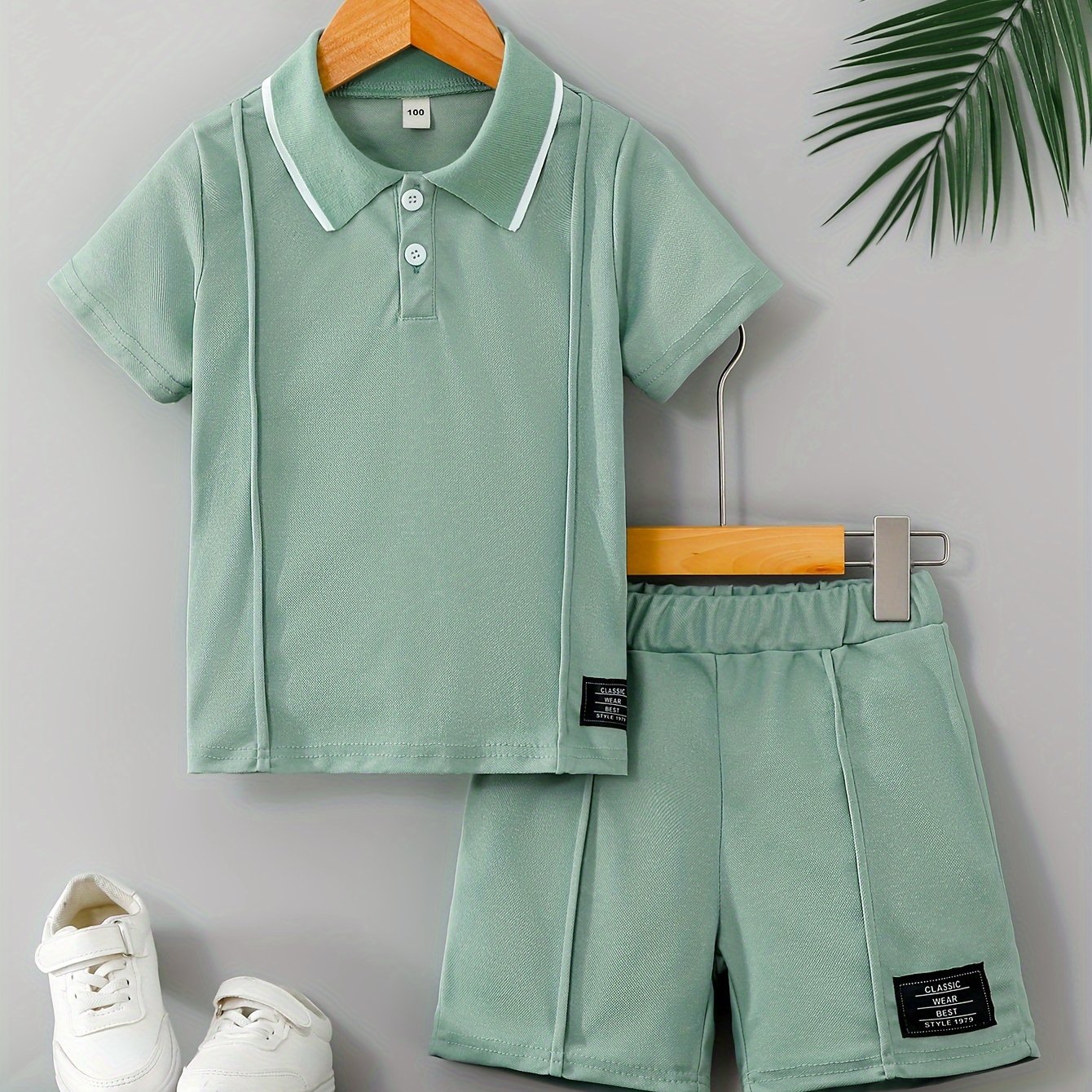 Image of 2pcs Boys' Summer Short Sleeve And Shorts Set, Pea Green/blue/khaki Neck Set With Embroidery Letter Patches, Wear, Lightweight And Comfortable For , Versatile Trendy Sports Clothing, For Outdoor