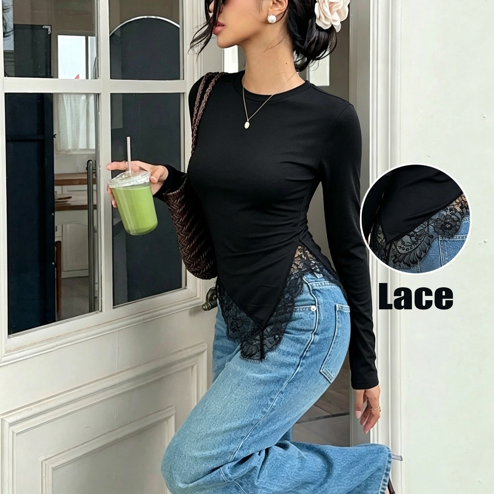 TEMU Damen Herbst Neues Einfaches Mode Lässiges Asymmetrisches Saum Spitzen Patchwork Rundhals Langarm Slim Fit T-Shirt Top