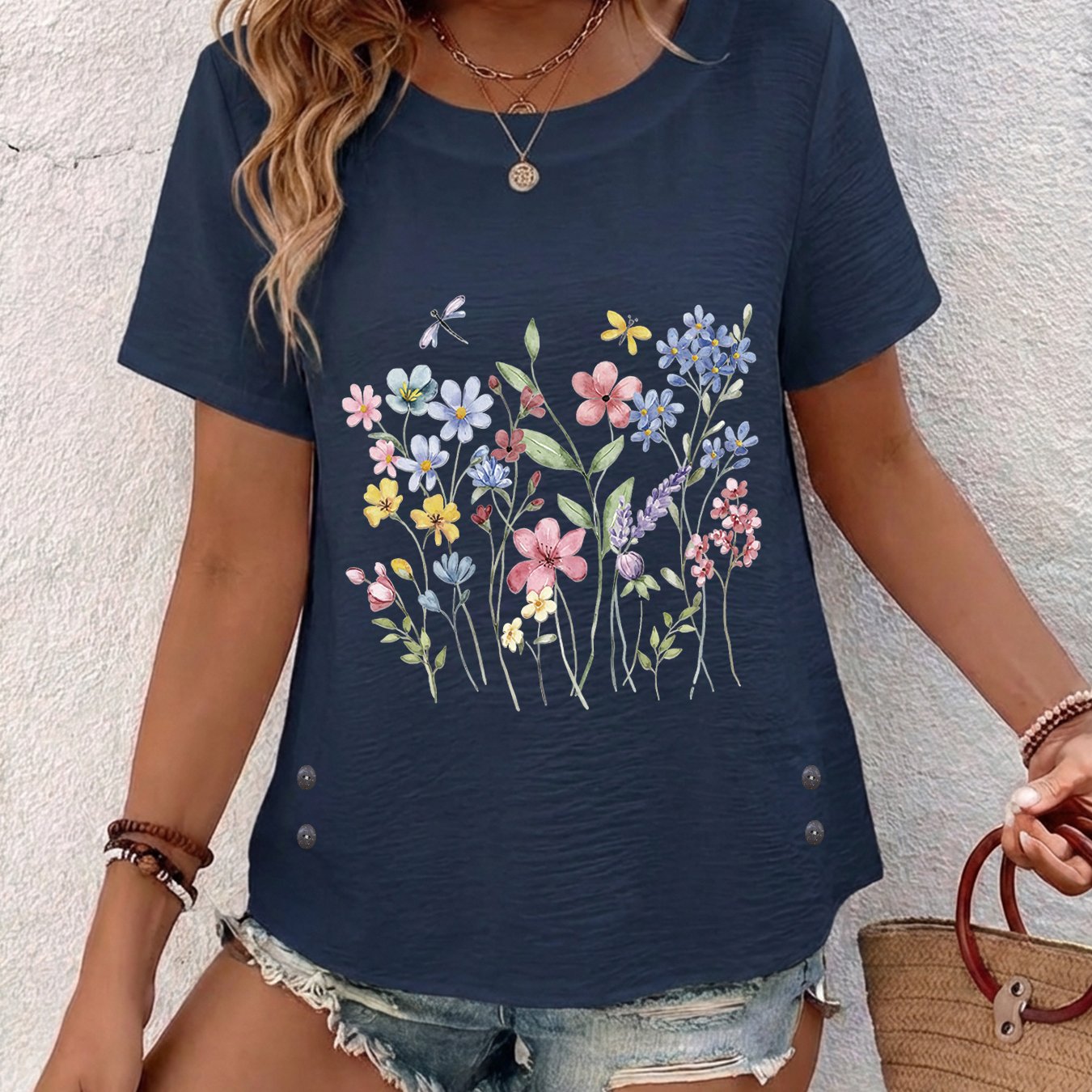 TEMU Women's Spring Summer Clothing, Women's Top, Watercolor Style, Floral Insects Branches, Comfortable Elegant Casual Wear, Short Sleeve Round Neck