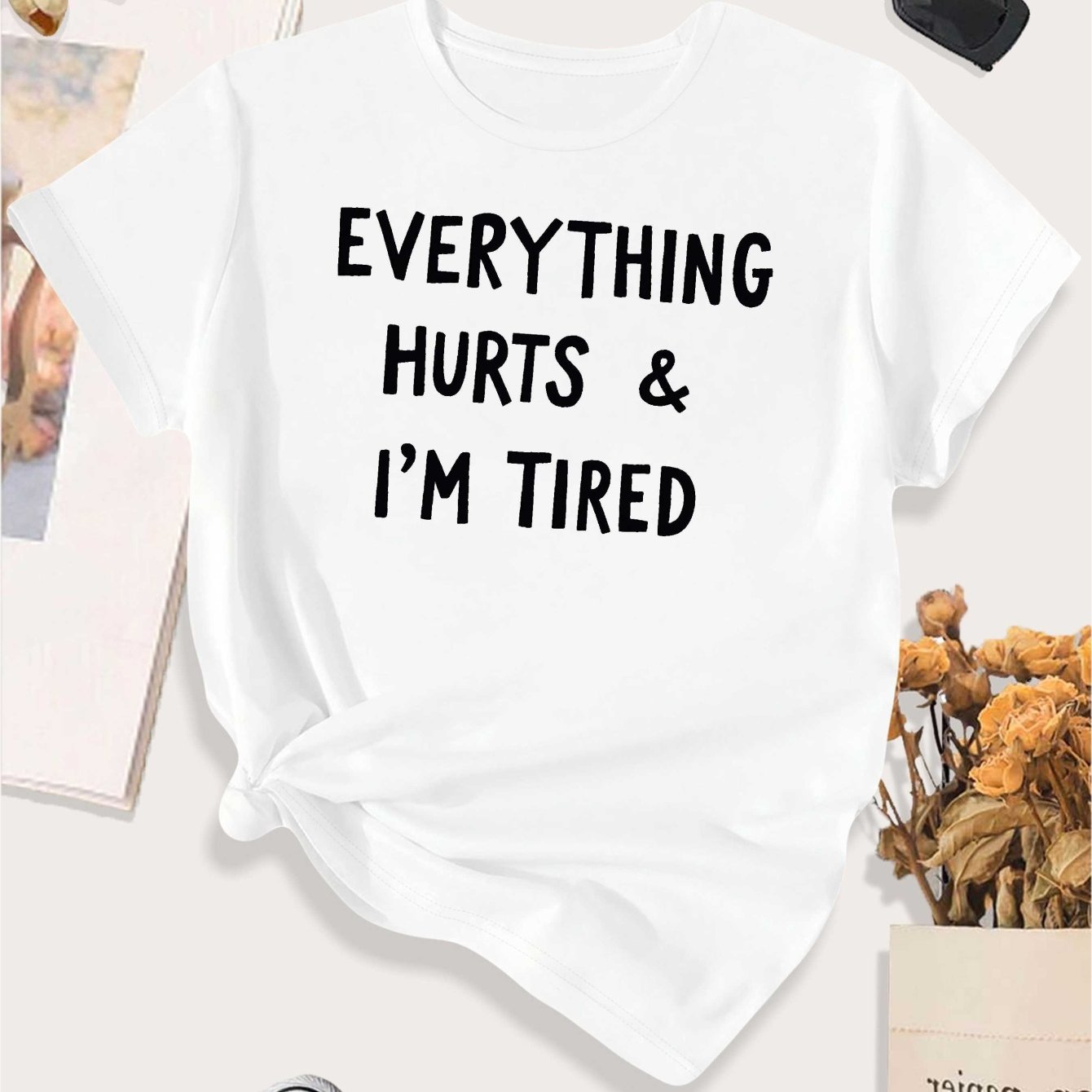 TEMU Women's Oversized "everything & I'm Tired" Slogan T-shirt - Soft Casual Short Sleeve Round Neck Relaxed Fit, , White Text Print (grey) For &
