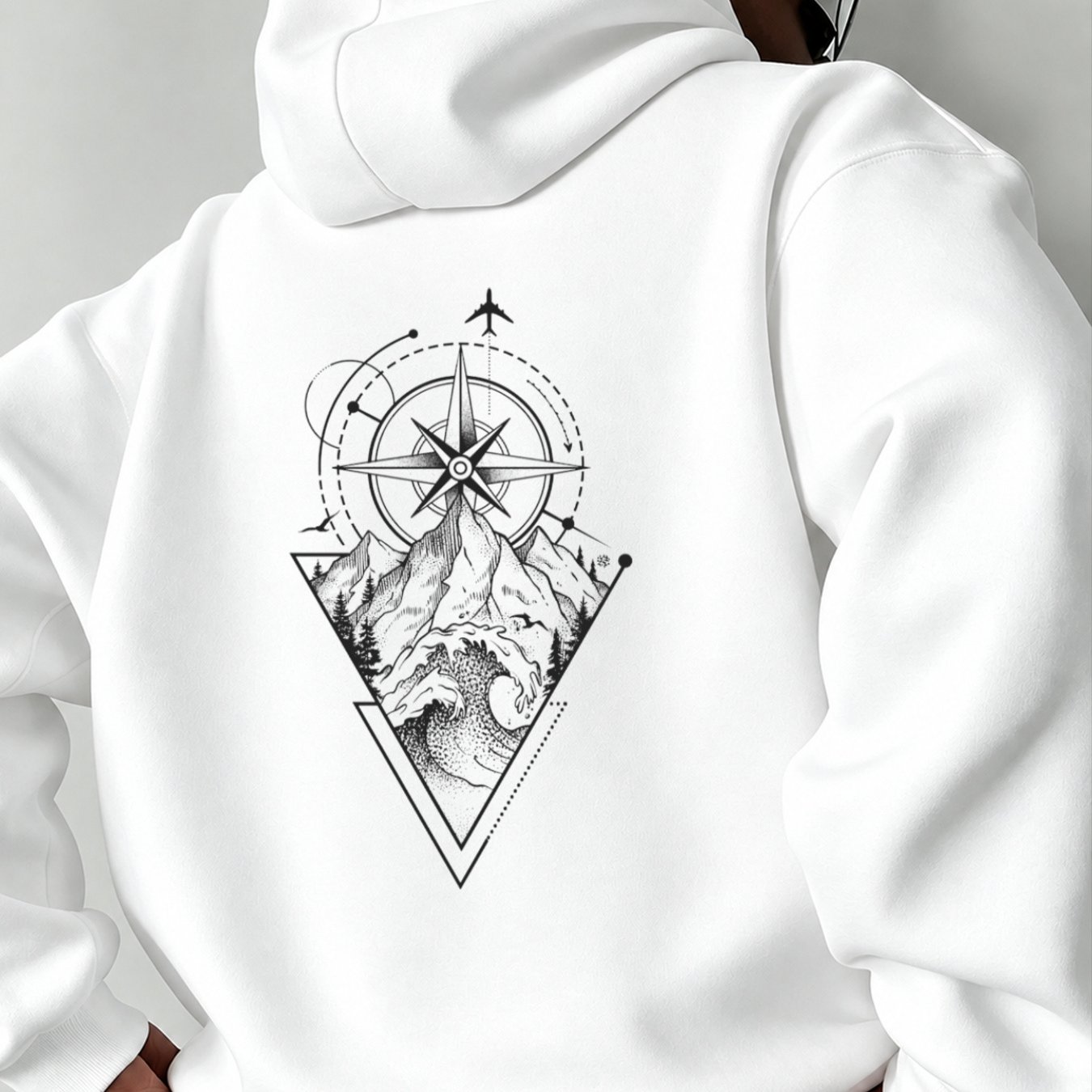 Image of Autumn Winter New Casual Fashionable Sports Hoodie Unisex Loose Fit Warm Comfortable Minimalist Geometric Print Compass Mountain Airplane Pattern Daily Wear Trendy Daily