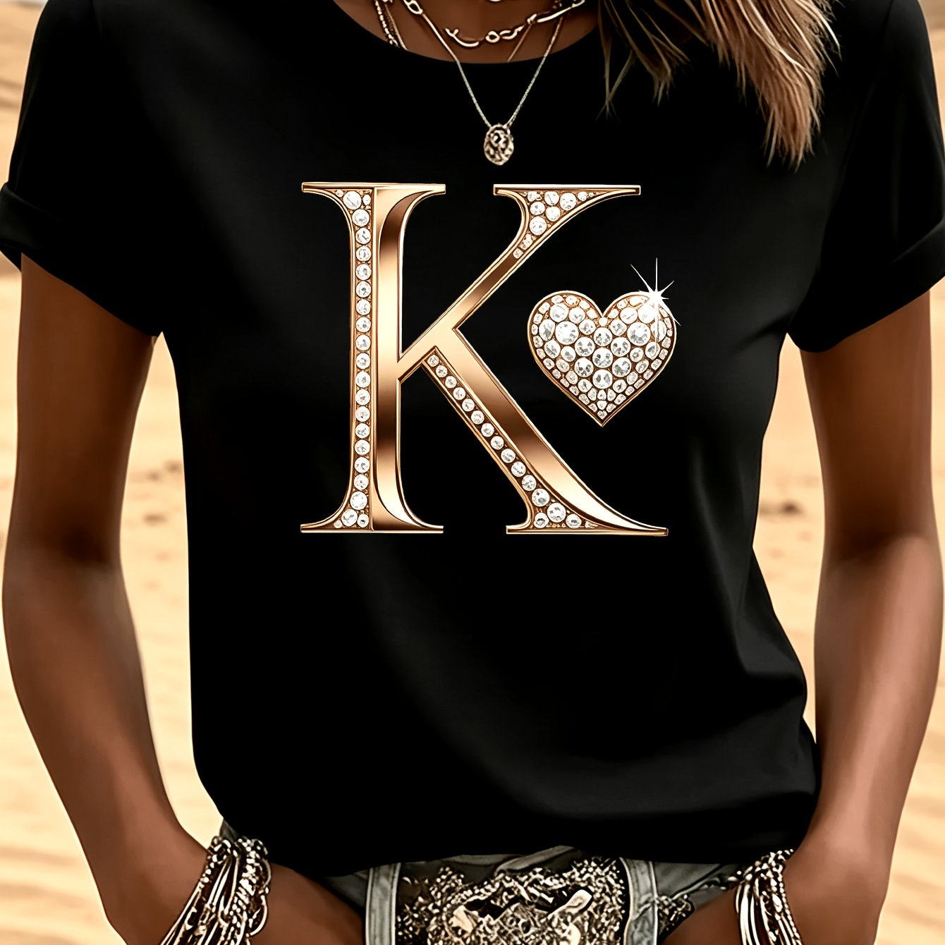 TEMU Golden-foiled Letter "k" And Heart-shaped Rhinestone Printed Pattern, Casual And Comfortable Short-sleeve T-shirt. Suitable For And S,