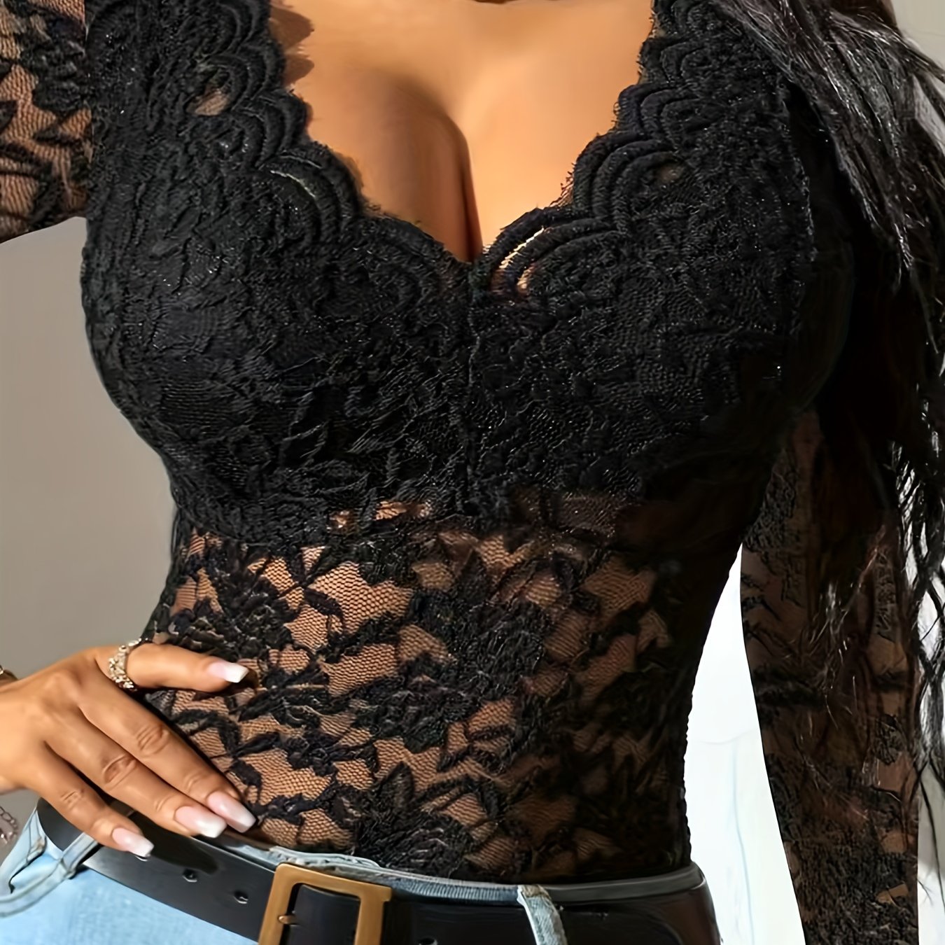 High Low Hem Lace Longline Top Elegant Long Sleeve V neck - Temu