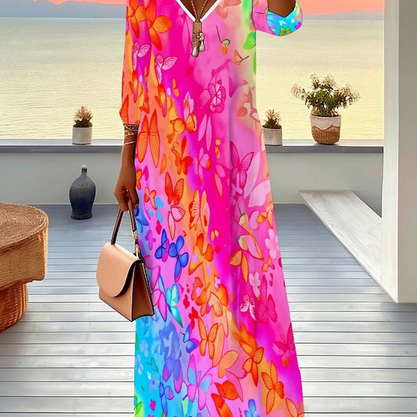 Plus Size - Women's Dress, Women's Plus Size Dress, Tie-dye Style, Full Body Print, Party Occasion, Casual Vacation, Elegant Women's Fashion, V-neck, Mid-length Sleeve Jumpsuit, Long Skirt
