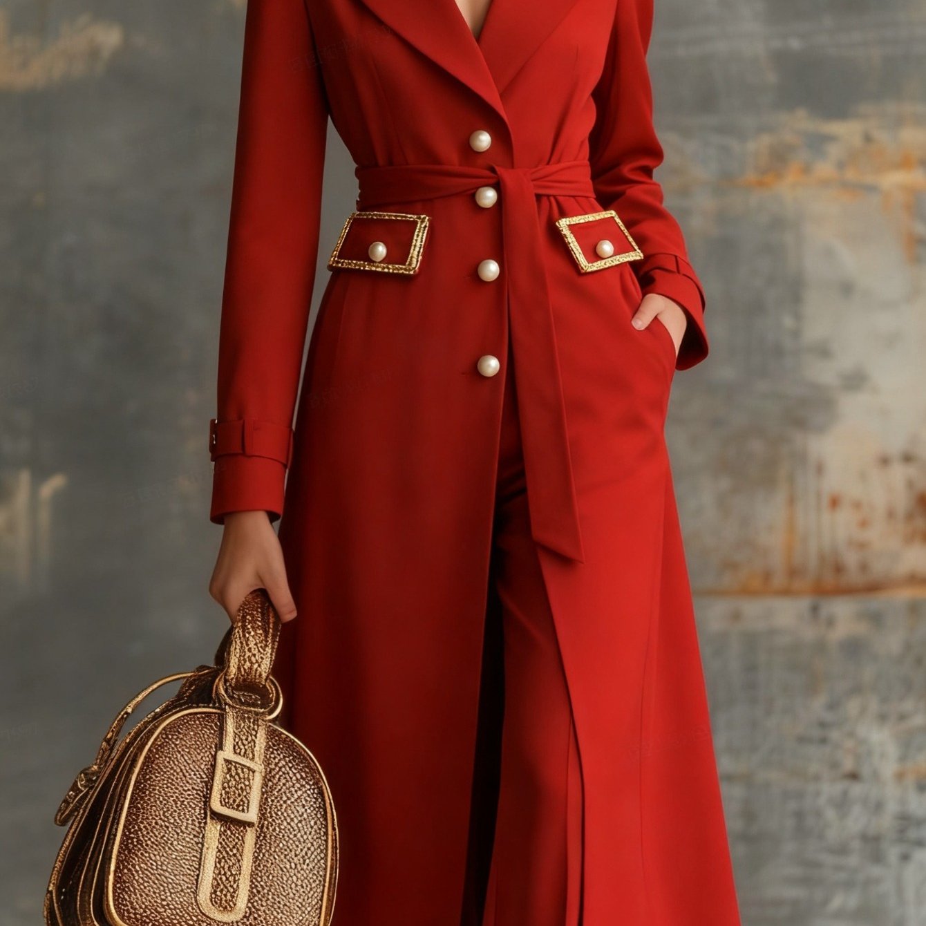Image of Red Golden Color-blocking Lapel Waist-cinched Long Trench Coat Women' Piece | Bright Exquisite Temperament Style, Perfect For Dinner Parties And Important Occasions Looks