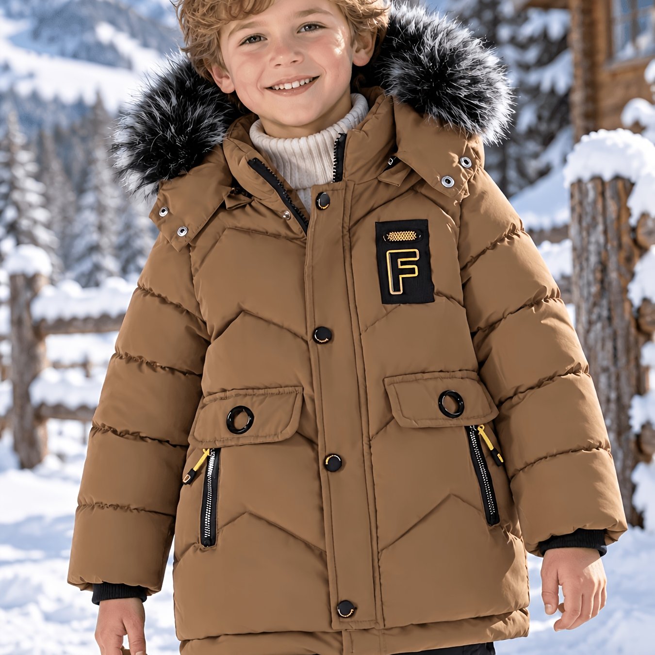 Image of Boys' Autumn/ Collar -lined Thickened Warm Parka Jacket, Boys' Fashion "f" Letter Patch Hand Warmer Pocket Jacket. Suitable For Outdoor And Daily