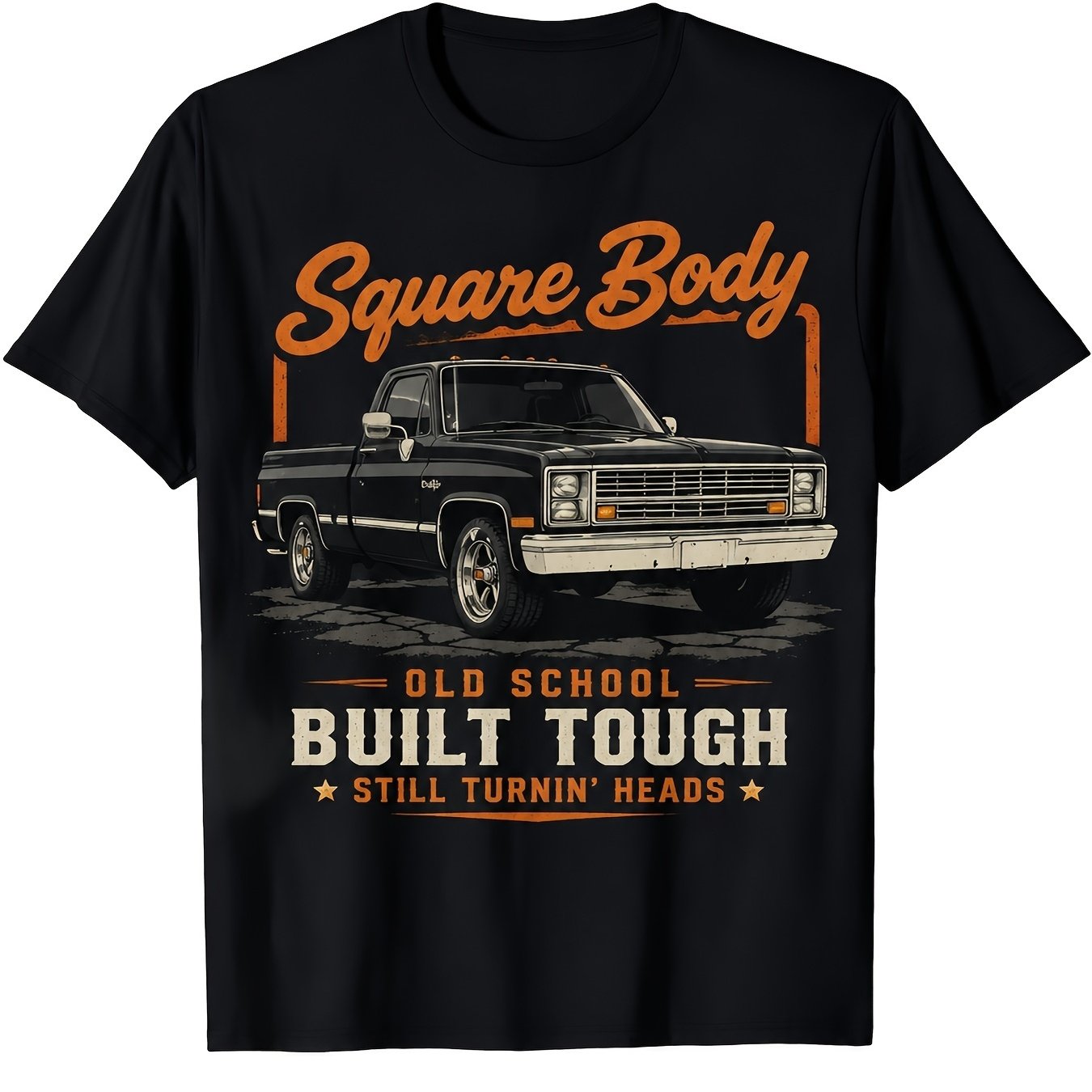 TEMU T-shirt Graphique S Imprimé Vintage Square Body Pickup Truck Noir Col Rond Décontracté Rétro Amoureux des Voitures Streetwear Haut