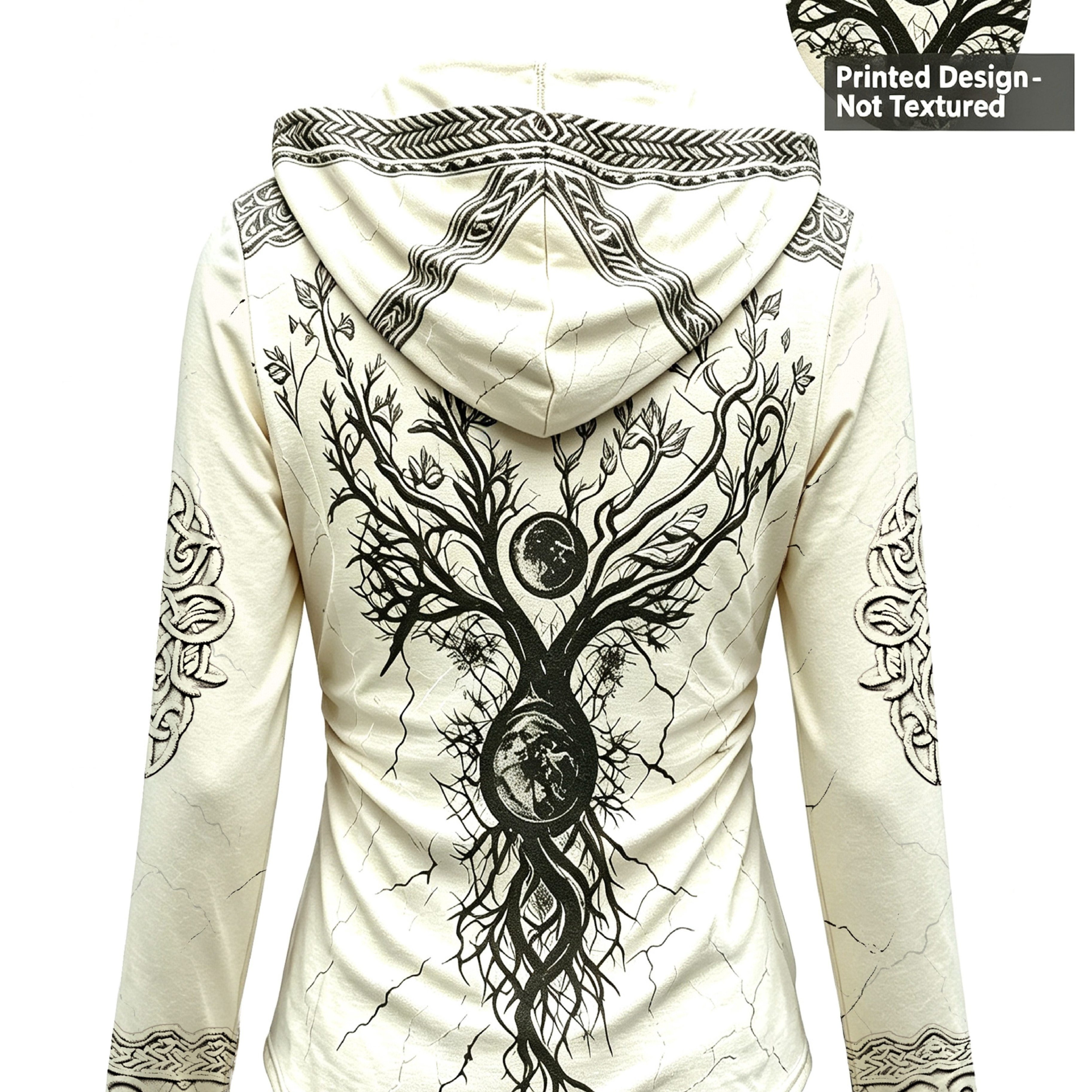 Image of Plus Size, Plus Size Women's Tree Of Life Hooded Long Sleeve Top, Vintage Celtic Knot Pattern V-neck Hoodie, Bohemian Style Forest Casual Slim Fit, Gothic Nature Print Hooded Top