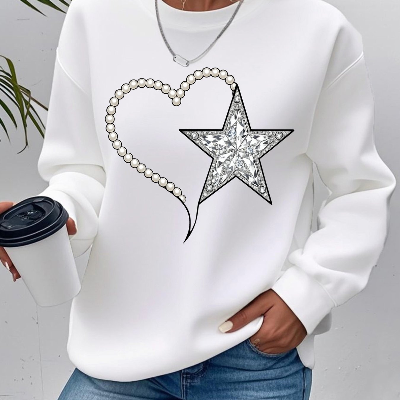 TEMU Crewneck Sweatshirt - Pearl Necklace, Star Women's Casual Crewneck Pullover, The For Autumn And Winter