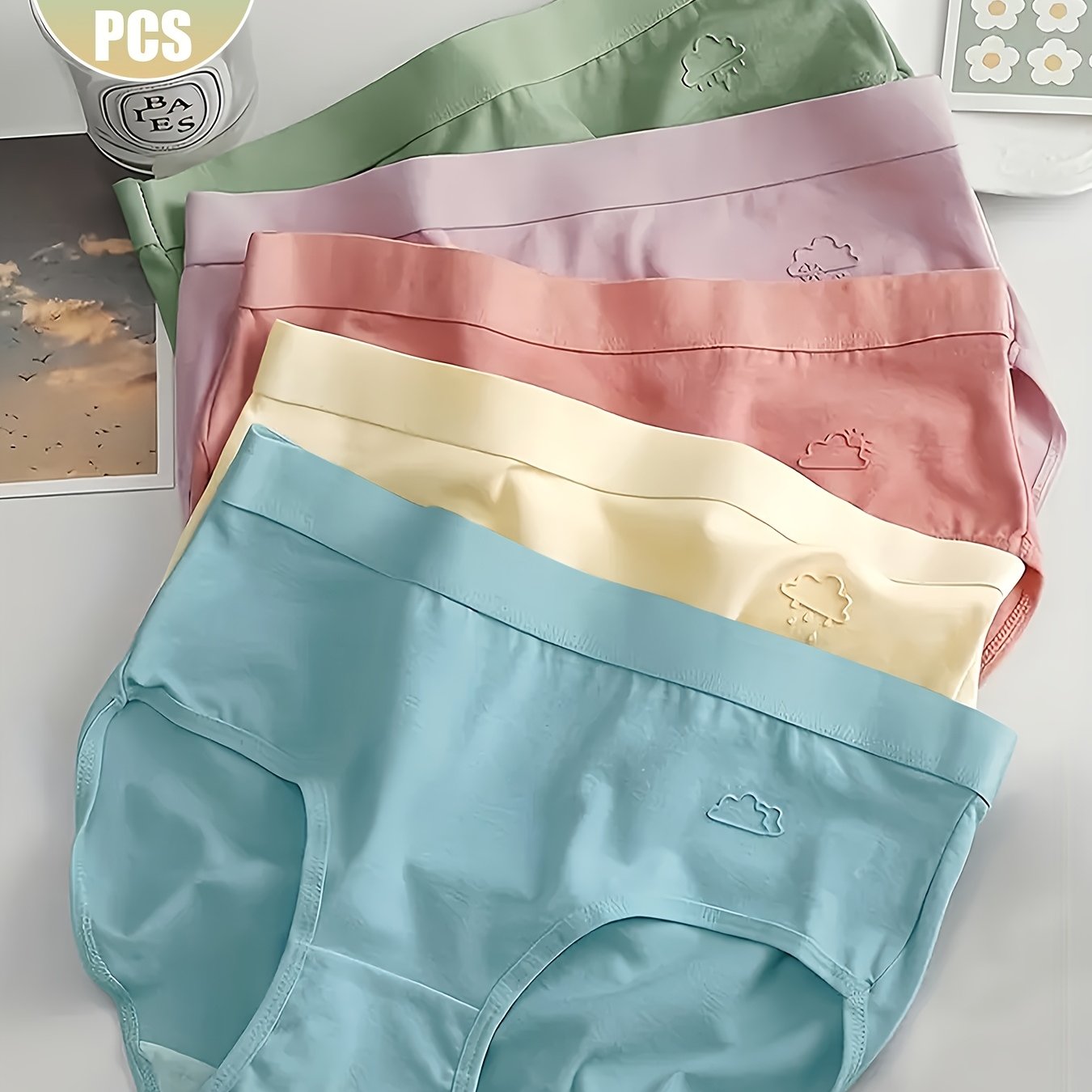 Image of 5pcs Women's Mid-rise Breathable Underwear, Soft Solid Color Panties With Cute Weather Embroidery, Comfortable Everyday Underwear, , Smooth Texture Fabric