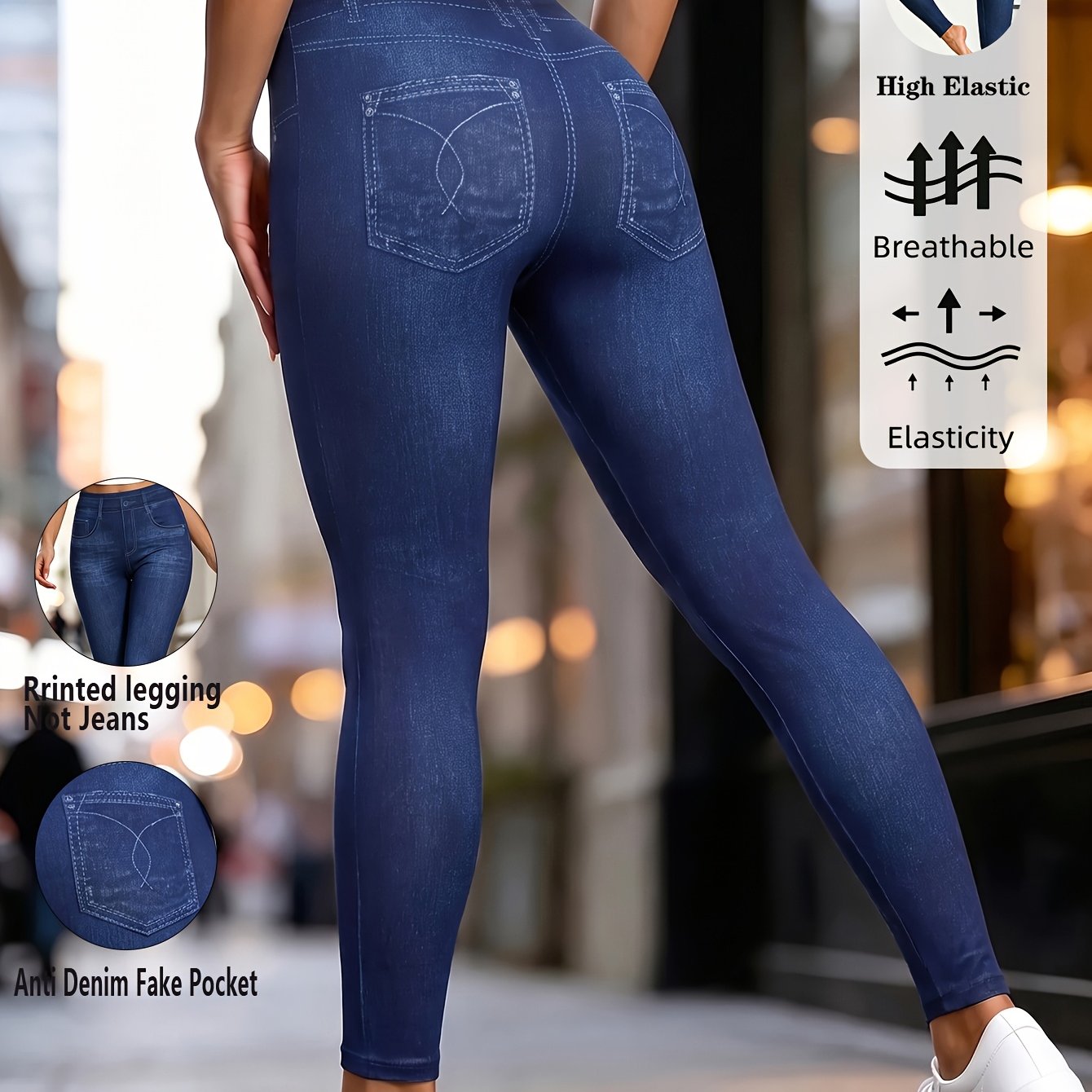 TEMU Elegant Women's Leggings High Elasticity Slim Fit Imitating Denim Fake Pockets Print Tight Fitting Casual Pants Comfortable Daily Wear Cropped