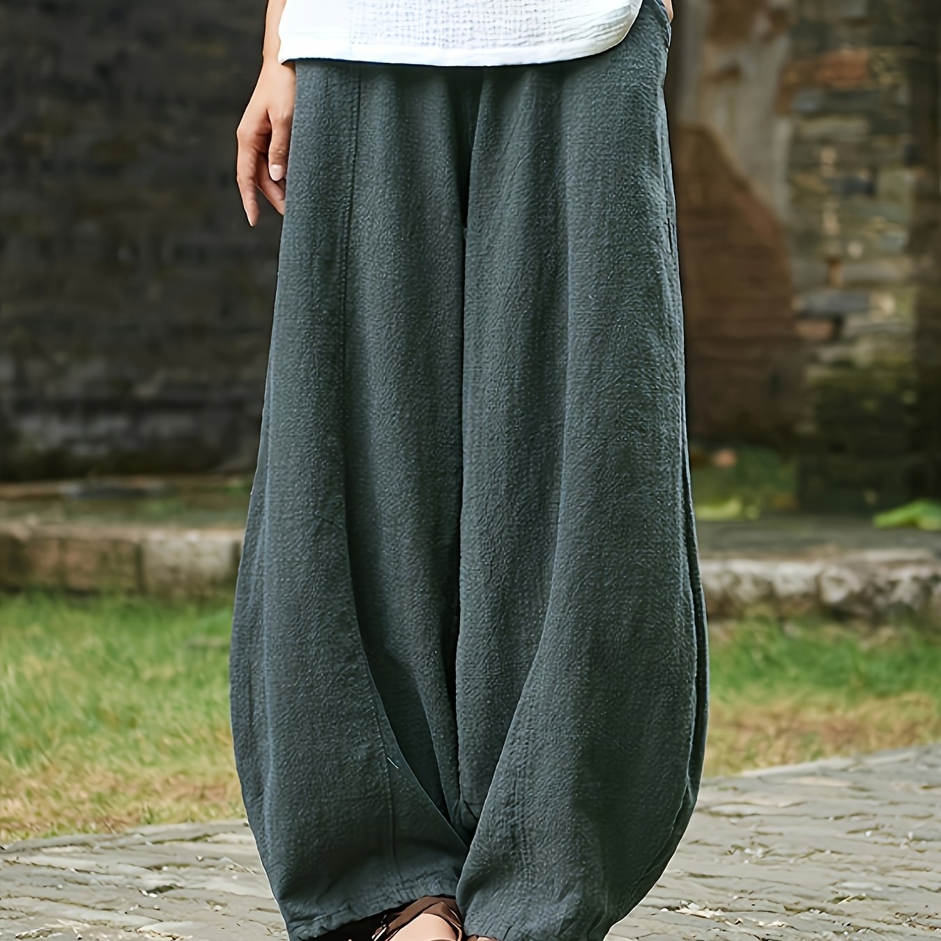 Women's Elegant Loose-fit Harem Pants - Elastic Waist With Drawstring, Smocked Detailing, Lightweight Semi-sheer Fabric, Machine Washable, Casual Trousers For Women