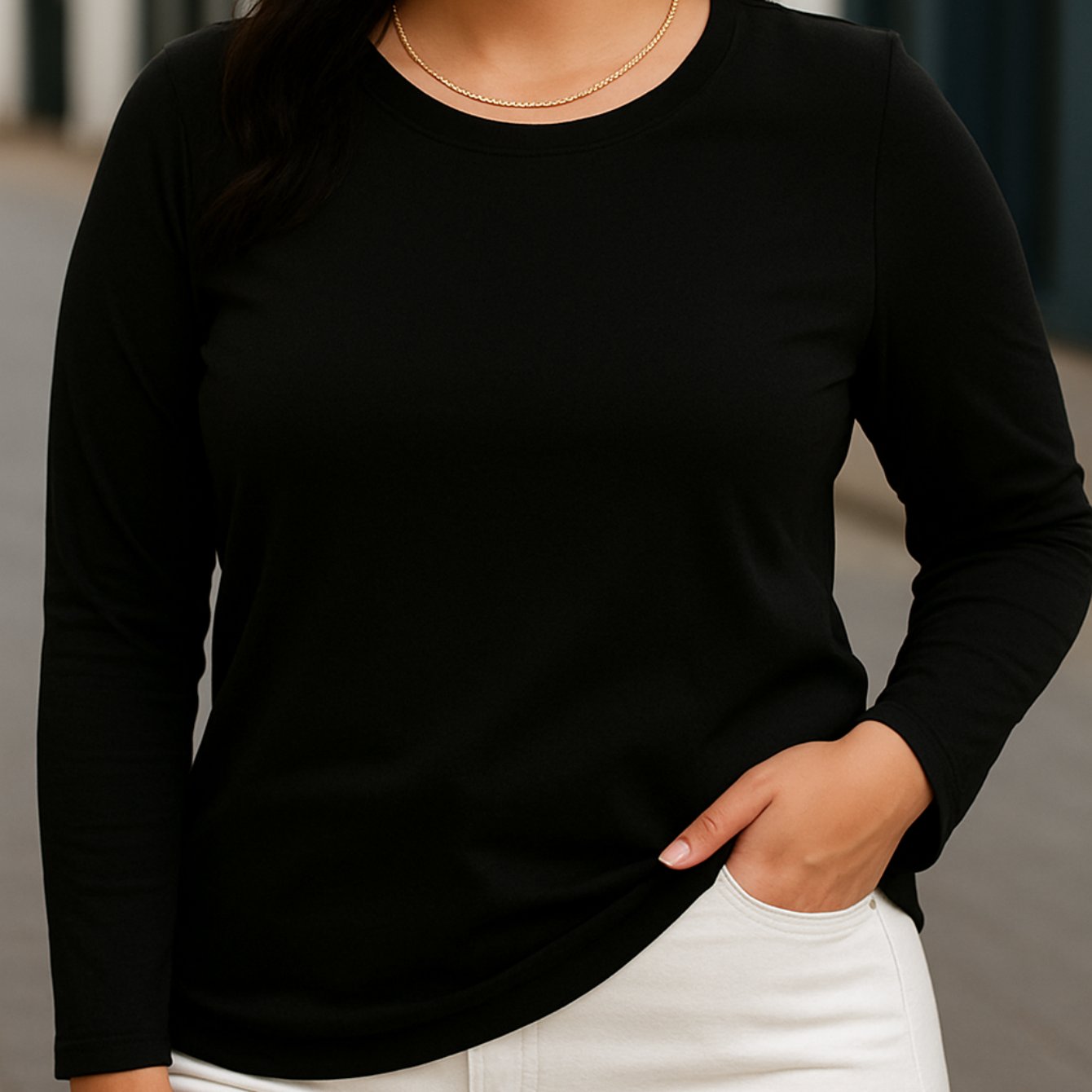 TEMU Plus Size - Solid-color Round-neck Long-sleeved Top, Unprinted, Plus-size Women's Wear, Breathable Fabric, Medium Stretch Style, Women's