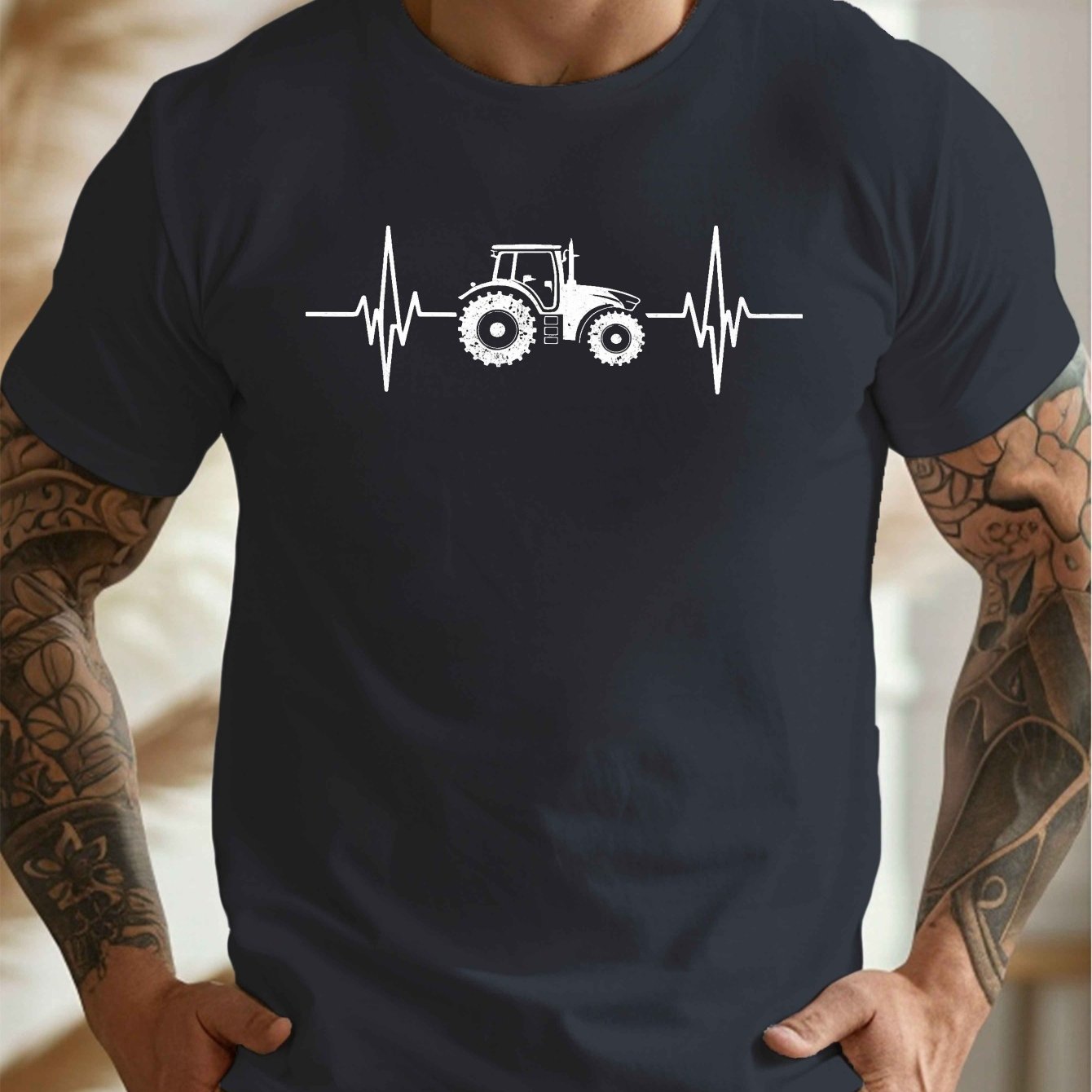 TEMU Tractor With Ekg Heartbeat , Men's Round Crew Neck Short Sleeve Tee, Casual T-shirtcasual Comfy Lightweight Top For Summer