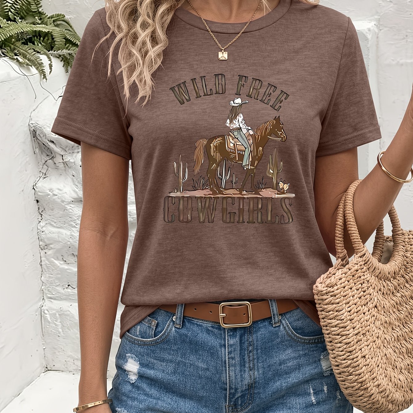 TEMU Western Cowboy Pattern Print Crew Neck Colored Short-sleeve T-shirt, Comfortable And Breathable, Vintage Casual, Versatile Summer Basic