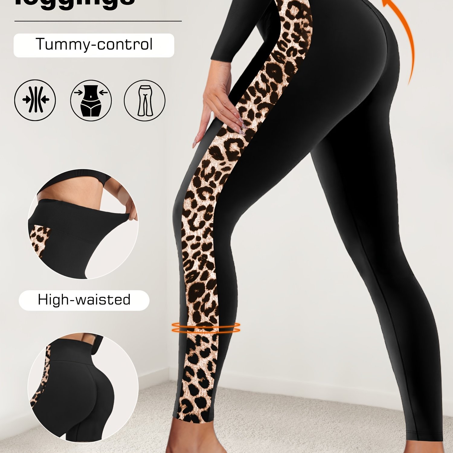 E-shop Damen High Waist Leggings, Basisschicht, Hosen - Leopardenmuster Design auf der Seite, Hochelastischer Stoff, Slim Fit, Elegant und , Geeignet
