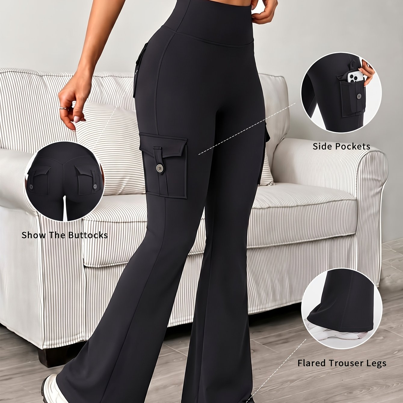 Women Flare Leggings With Pockets Hidden Scrunch High Waisted Cargo No Front Seam Leggings