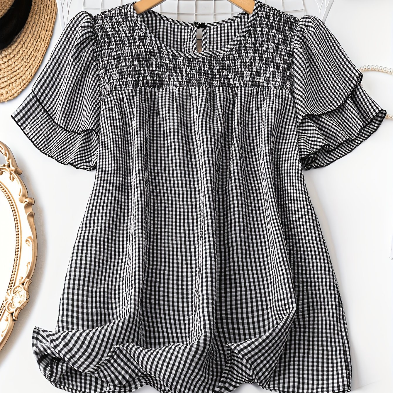 TEMU Gingham Neck Shirred Blouse, Casual Short Tiered Sleeve Blouse For , Women's Clothing