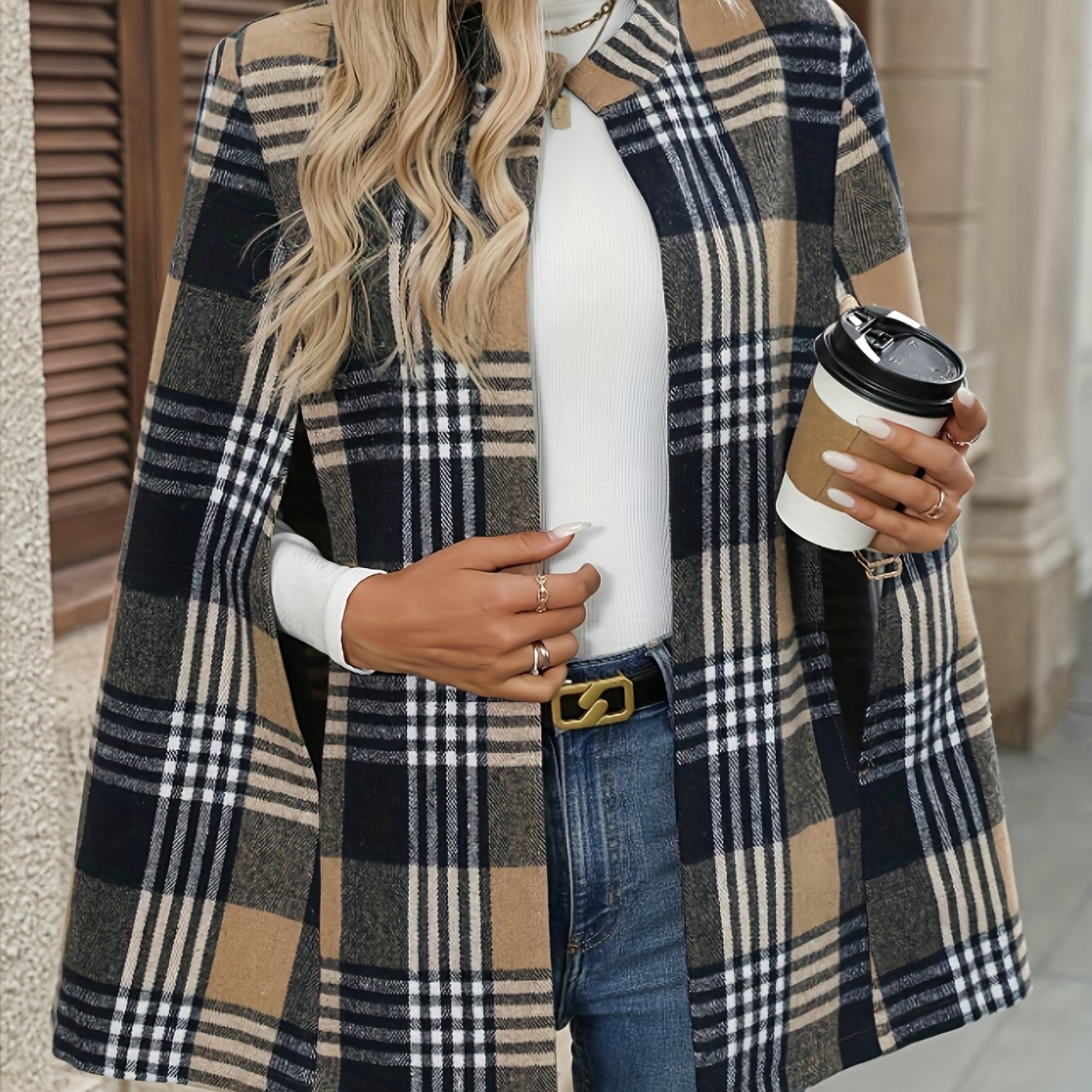 TEMU Women's Elegant Hooded Cloak Coat, Fall Winter Style