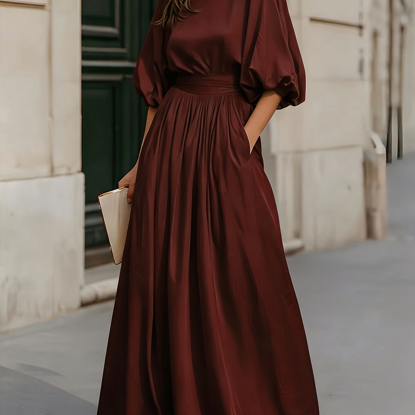 TEMU Temperament Puff Sleeve Dress Women 1pc Waist-cinching Ruched Flared Long Skirt Elegant Casual Commute Formal Dress Solid High-waist Dress