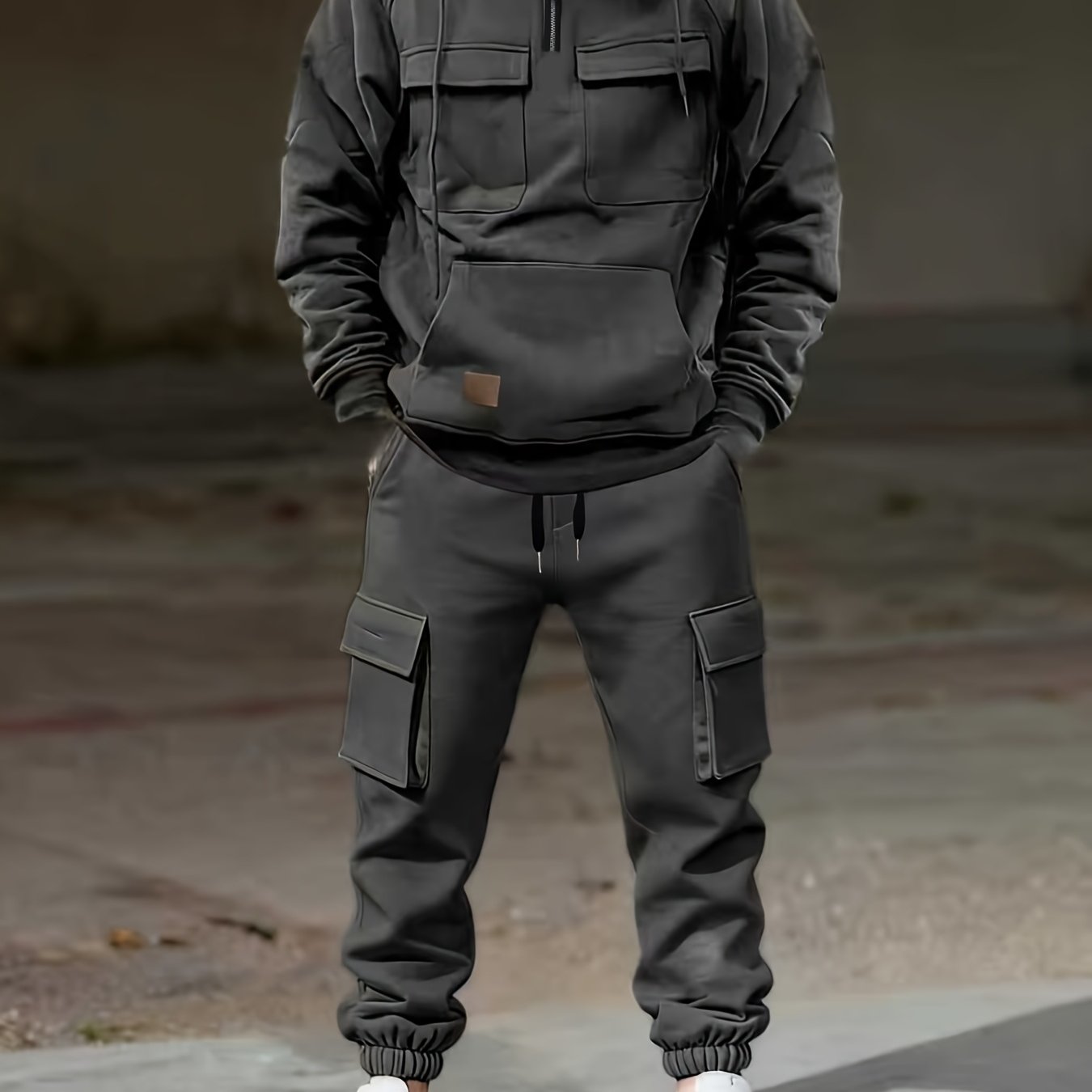 Men's Autumn Winter Solid Color Retro Cargo Style Suit, Easy Fashionable Hooded Sweatshirt 2pcs Set