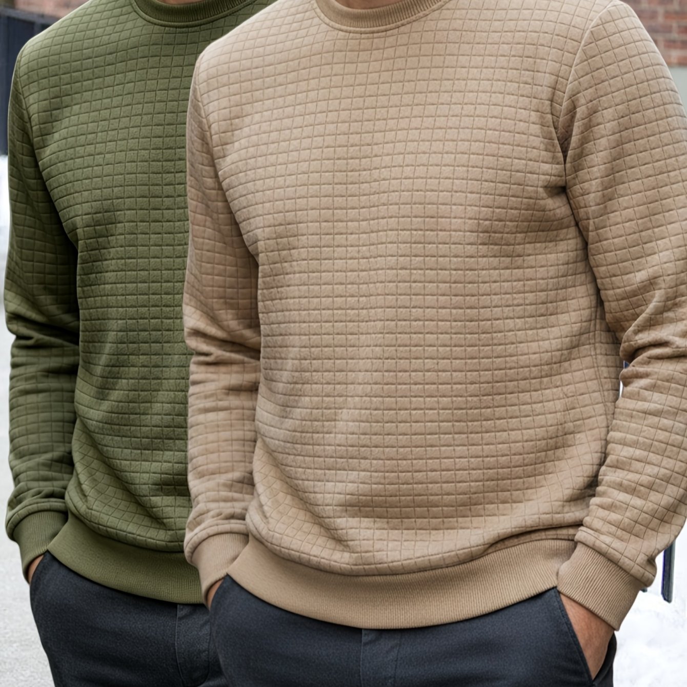 Image of 2pcs Men's Textured Hoodies, Crew Neck Sweatshirts, Casual Solid Color Long Sleeve Pullovers, Daily Streetwear, Autumn Winter Sports Outdoor Sweatshirts