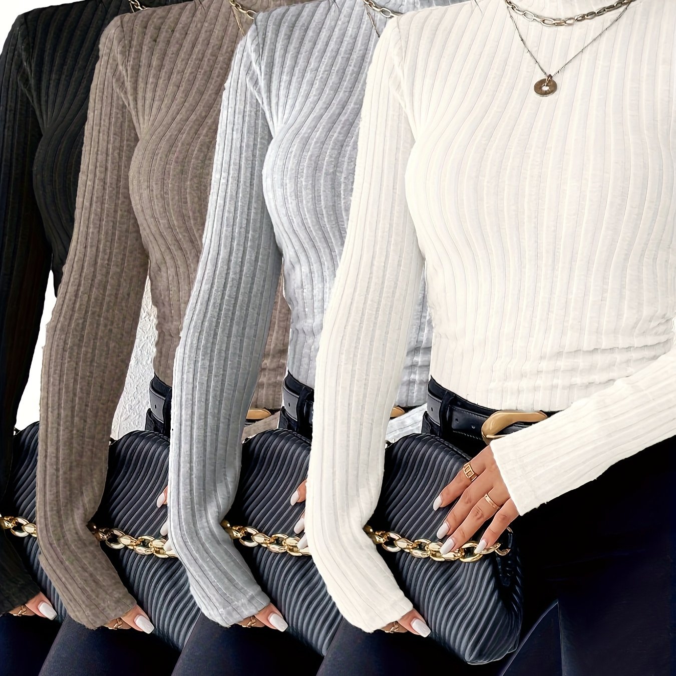 E-shop Herbst- und Winter Damen 4-teiliges Mode Set, bequemes und angenehmes Rippstrick-T-Shirt mit hohem Kragen, schmal und dünn, einfarbig, kann