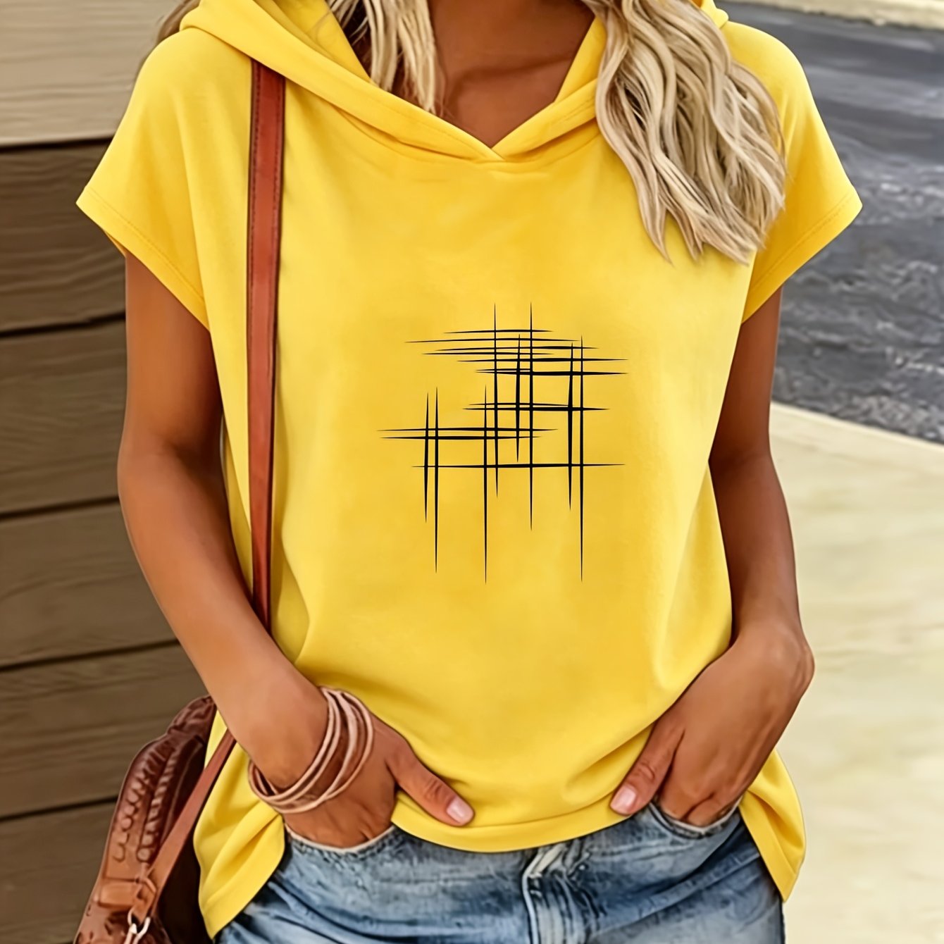 TEMU Women's Sleeveless Hooded T-shirt - Abstract Black Intersecting Lines Graphic Print, Fabric, Casual Short Top For Summer Streetwear